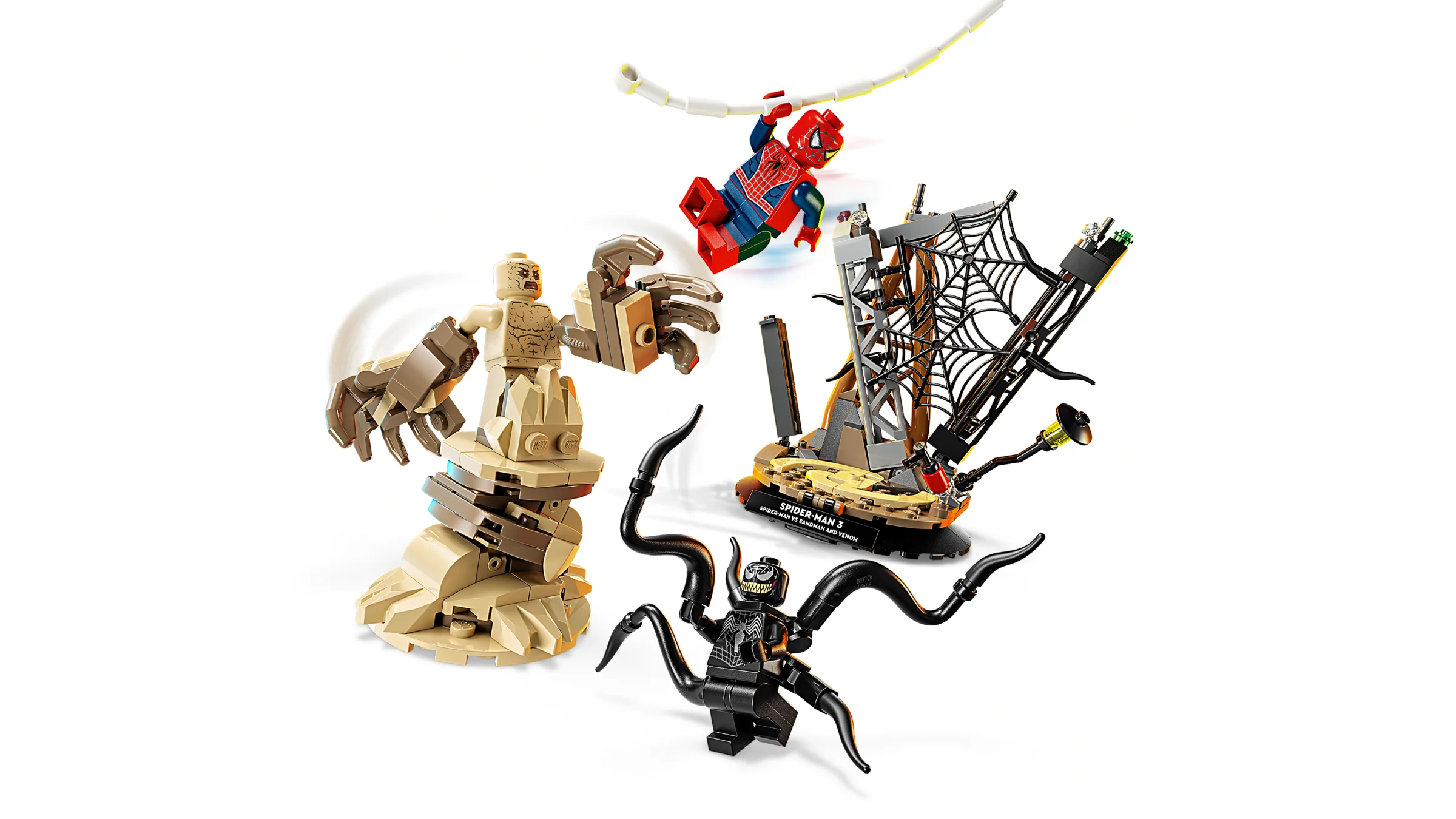 Prezentare a setului LEGO 76334, cu Spider-Man, Sandman și Venom în luptă.