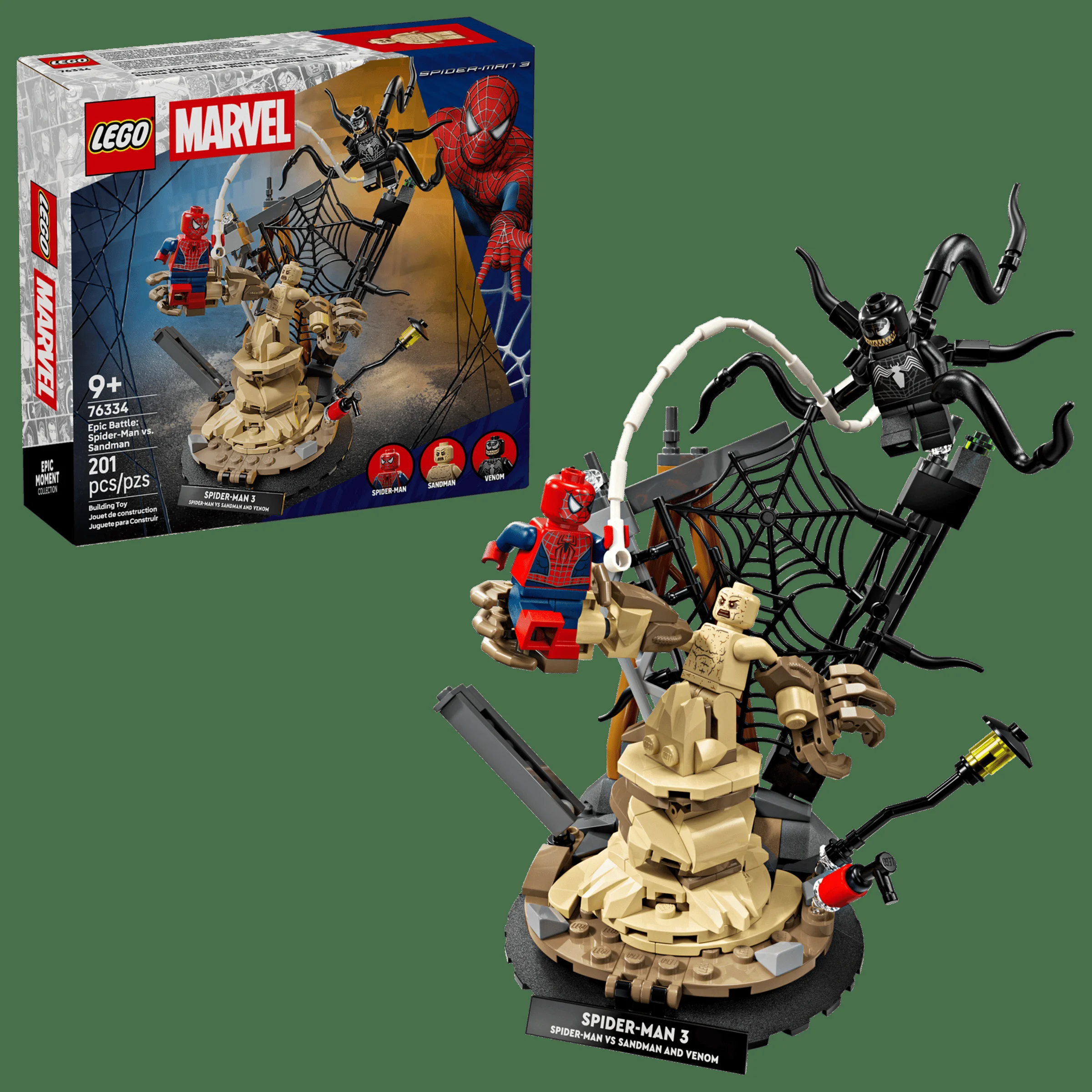 Imagine cu setul LEGO 76334 Epic Battle: Spider-Man vs. Sandman, cu minifigurinele Spider-Man, Sandman și Venom.