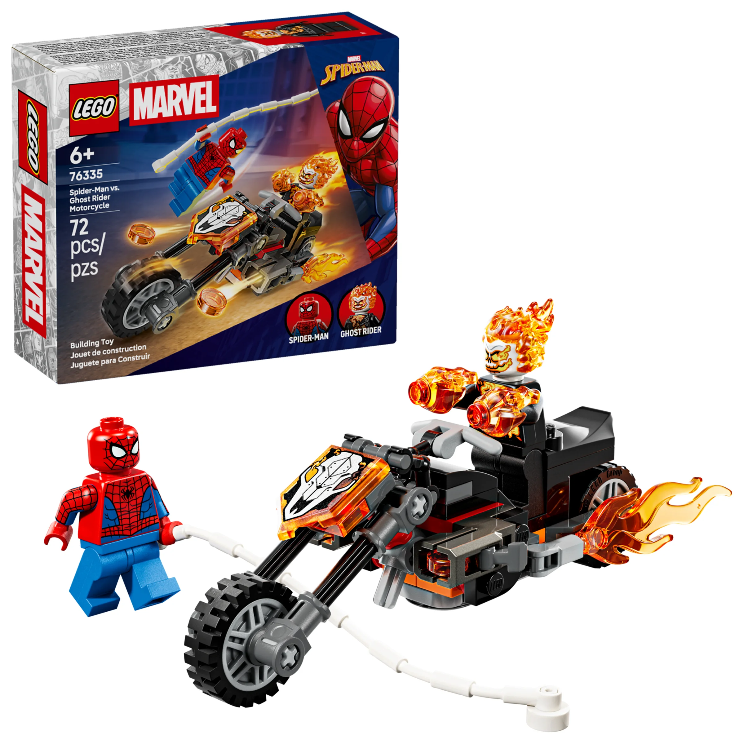 Imagine cu setul LEGO 76335, ce include motocicleta Ghost Rider și minifigurina Spider-Man.