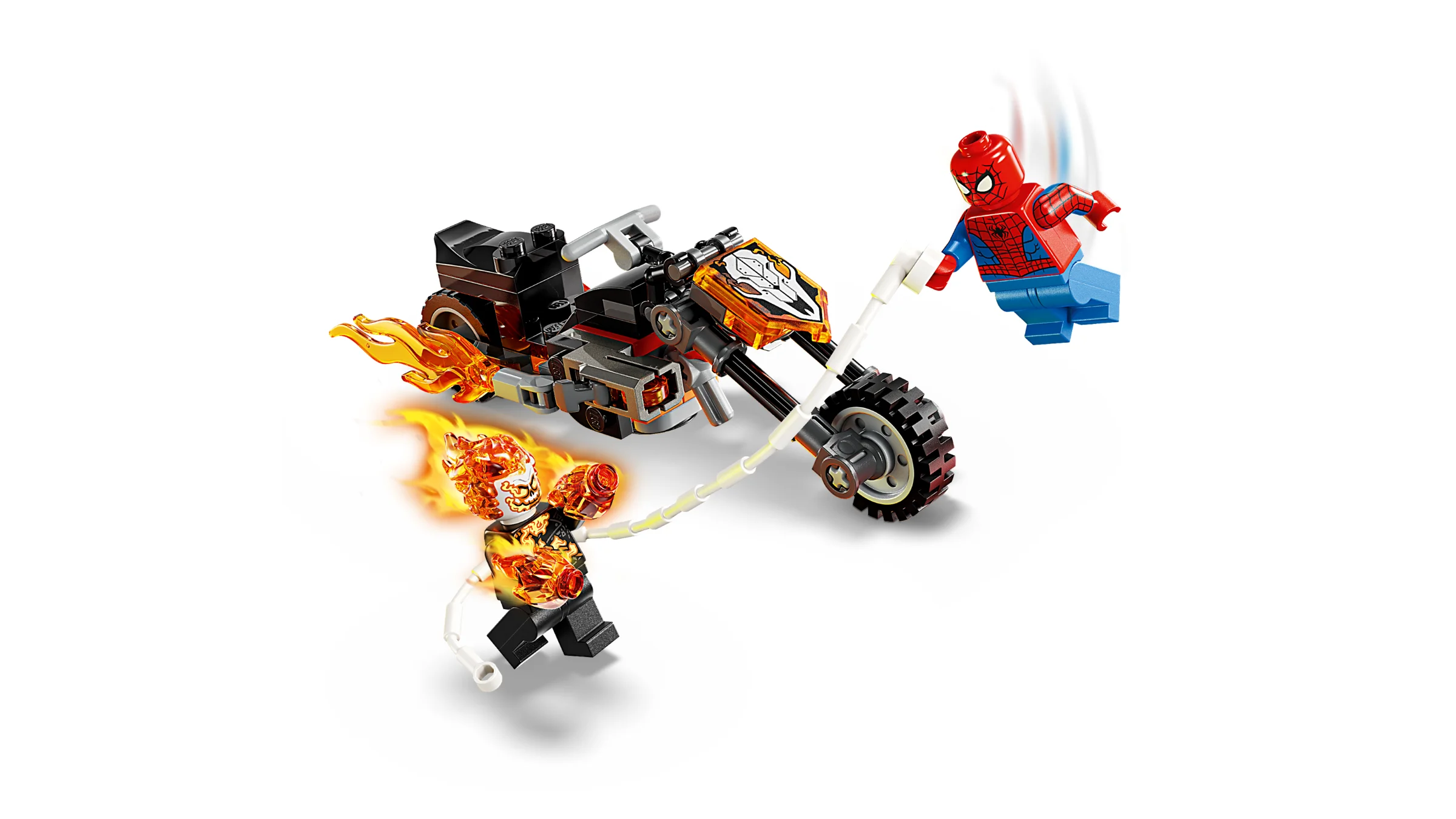 Imagine cu Spider-Man, Ghost Rider și motocicleta sa. Set LEGO captivant!