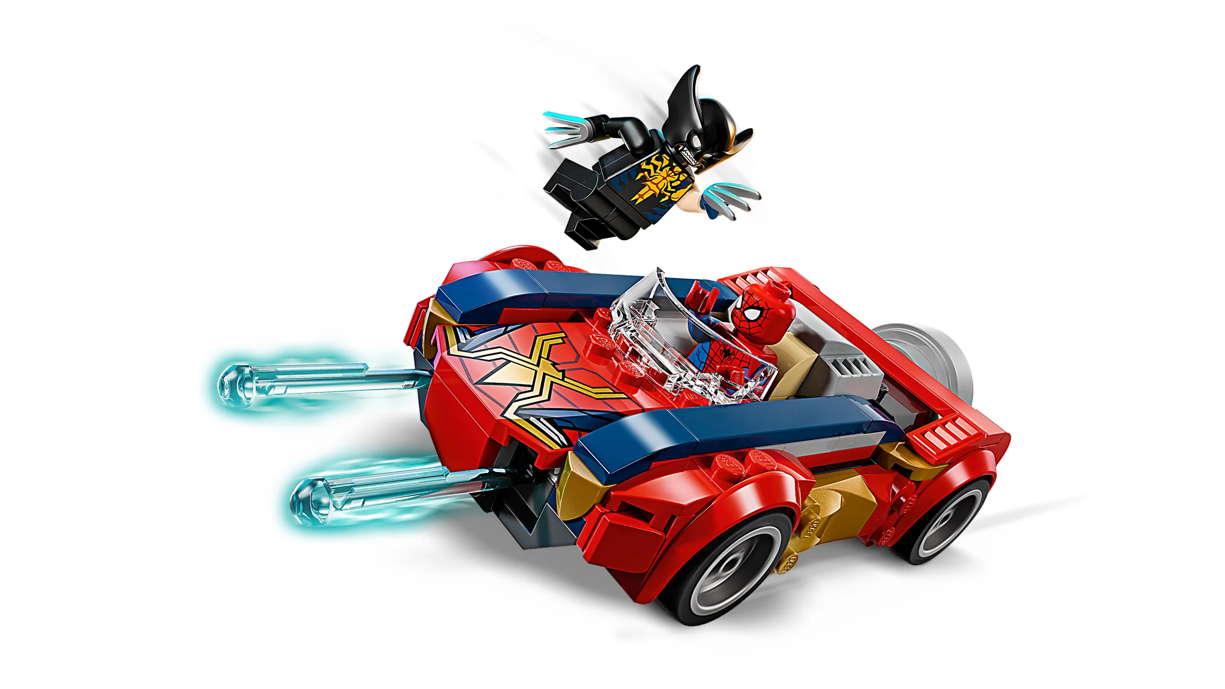 Imagine cu mașina Spider-Man și minifigurina Wolverine Venomizat, într-o scenă din setul LEGO.