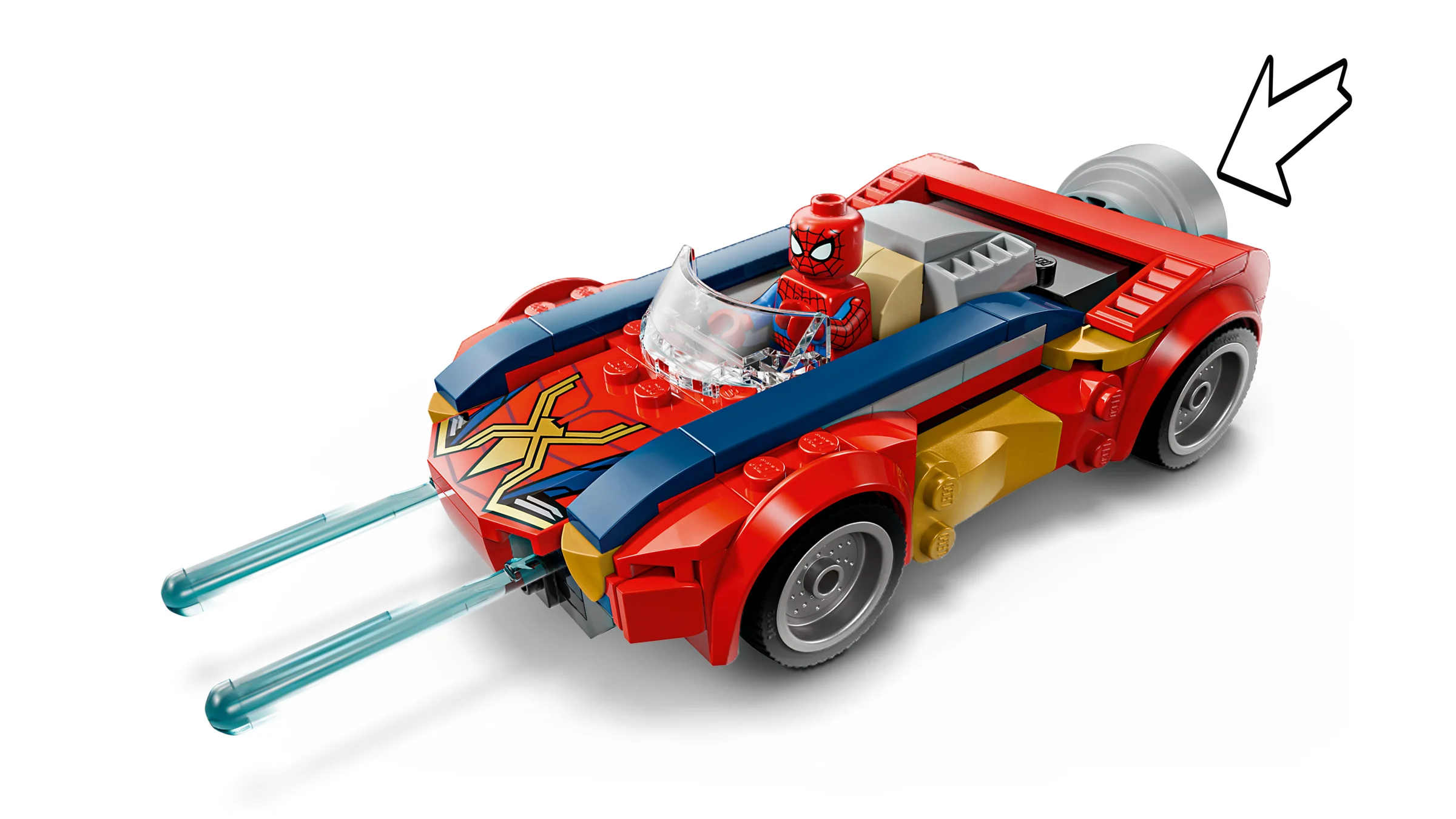 Mașină Spider-Man LEGO, roșie și albastră, cu Spider-Man la volan. Detalii aurii și lansatoare de proiectile.