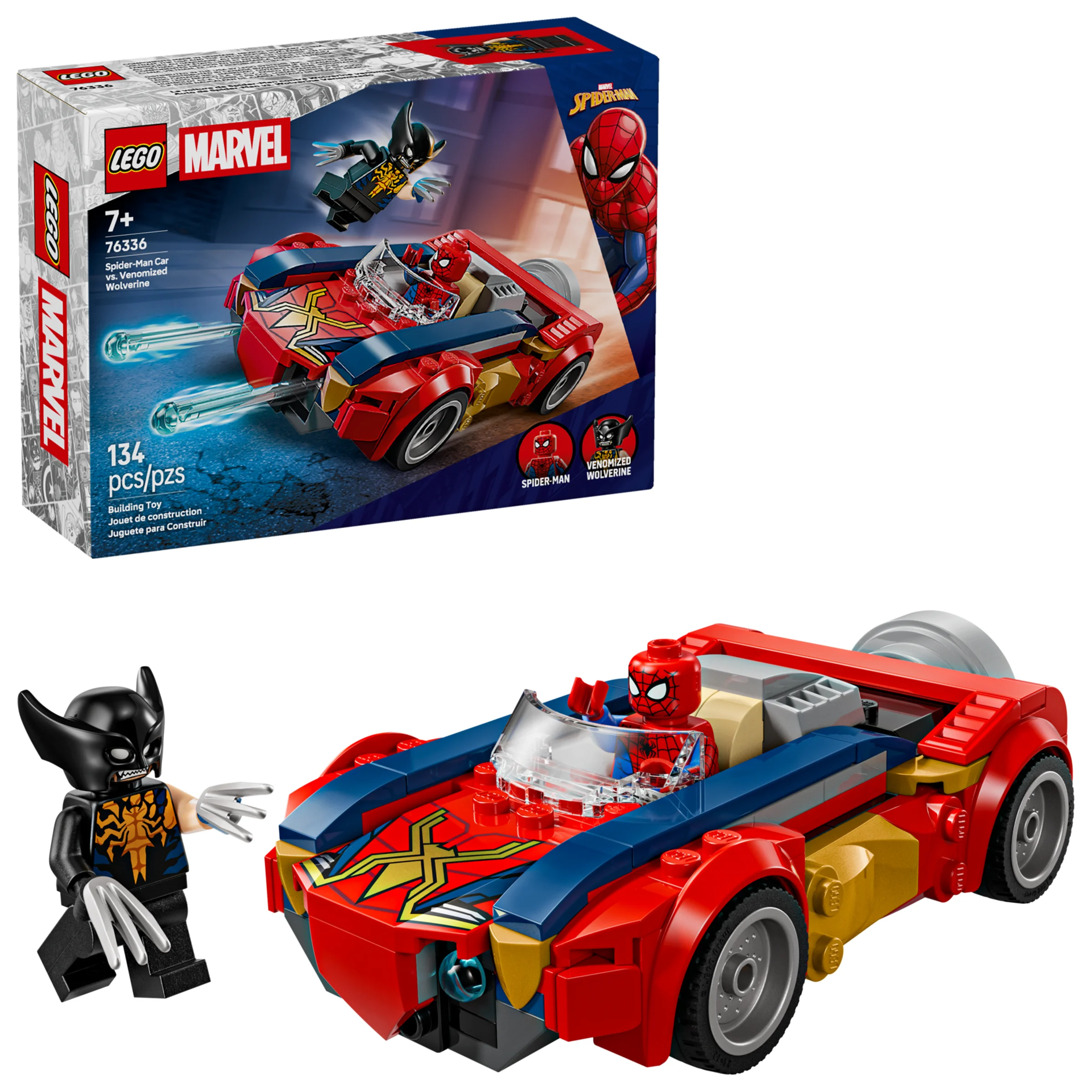Imagine cu setul LEGO 76336, ce include mașina Spider-Man și minifigurinele Spider-Man și Wolverine veninificat.