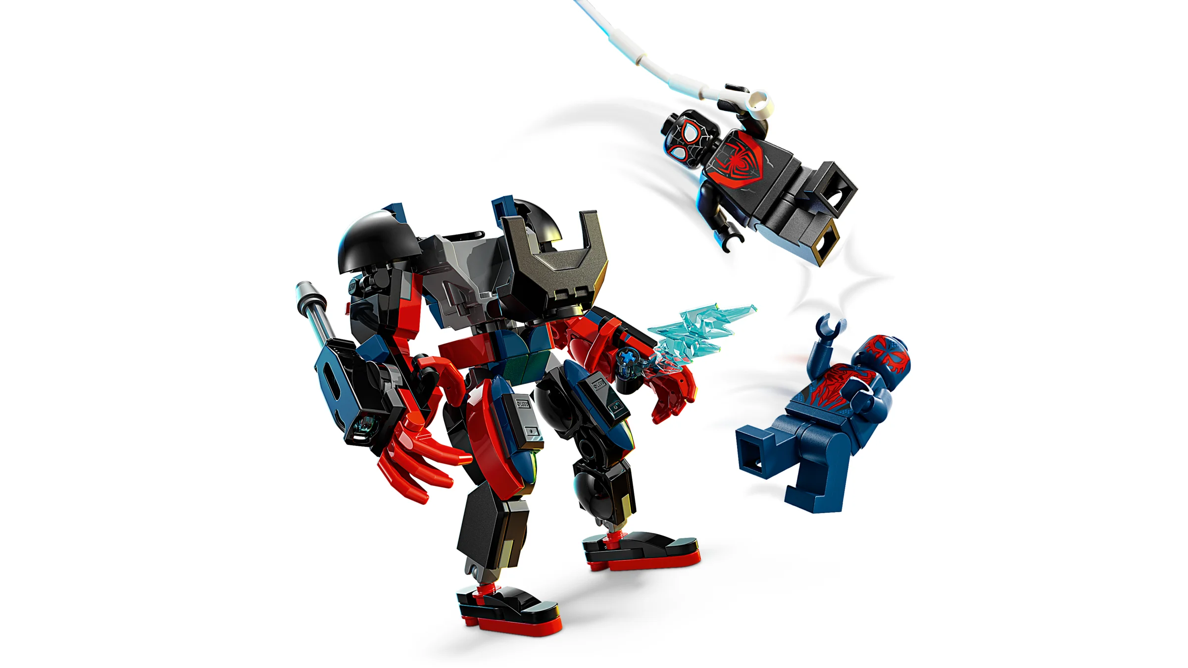 Imagine cu Miles Morales Mech și Spider-Man 2099 în luptă, din setul LEGO 76337.