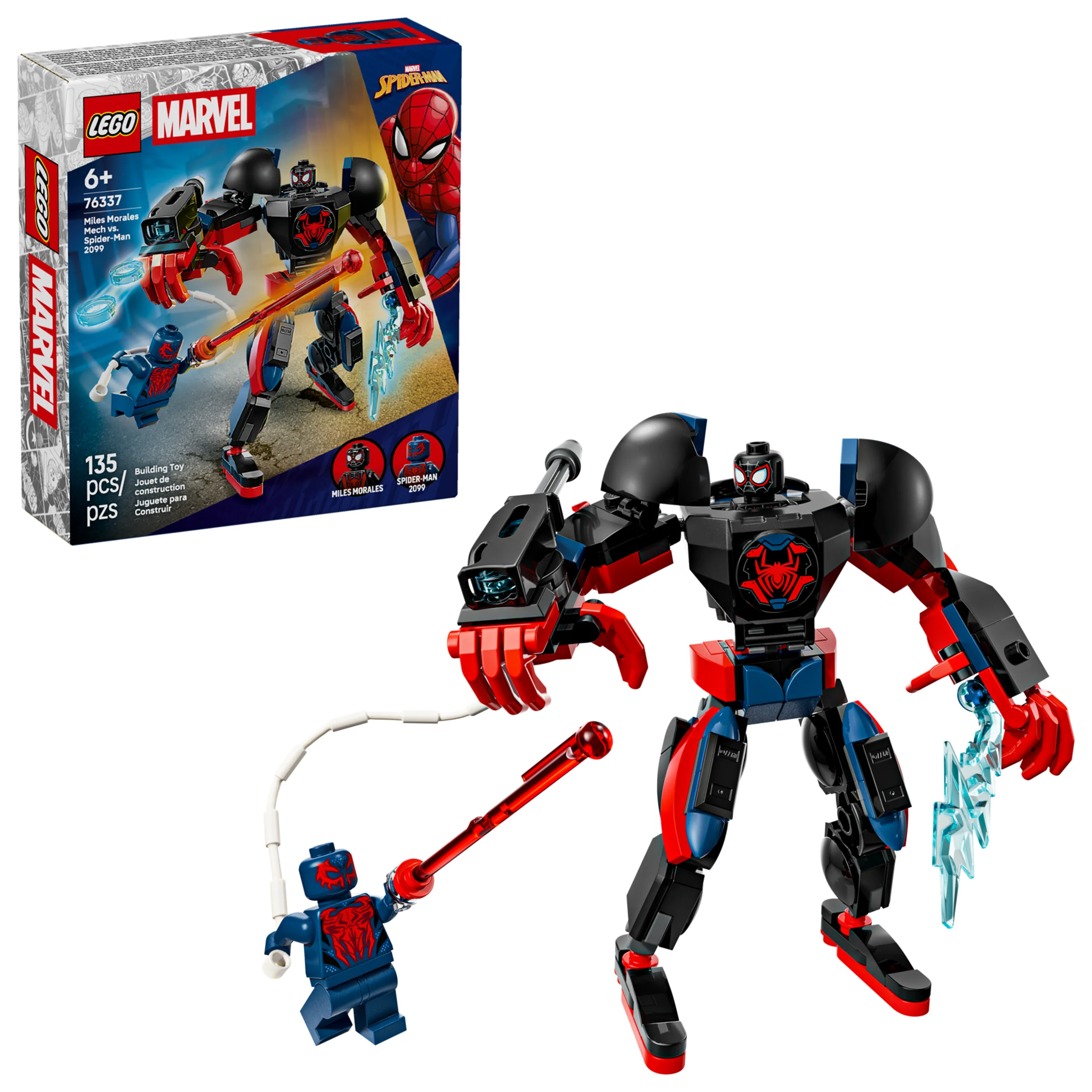 Imagine cu setul LEGO 76337, prezentând cutia și meciul dintre Miles Morales și Spider-Man 2099.