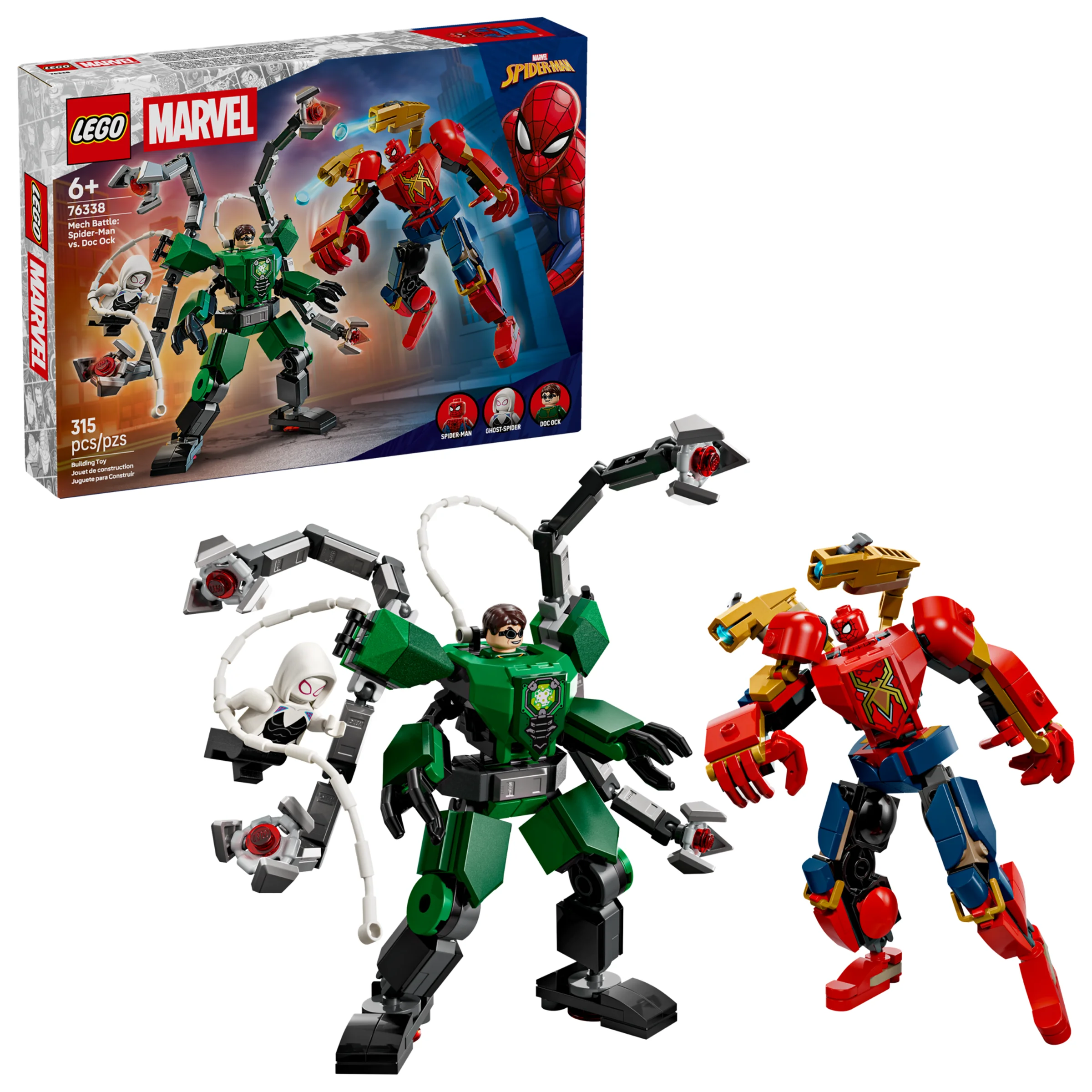 Imagine cu setul LEGO 76338, o bătălie între Spider-Man și Doc Ock în meciuri robotizate.