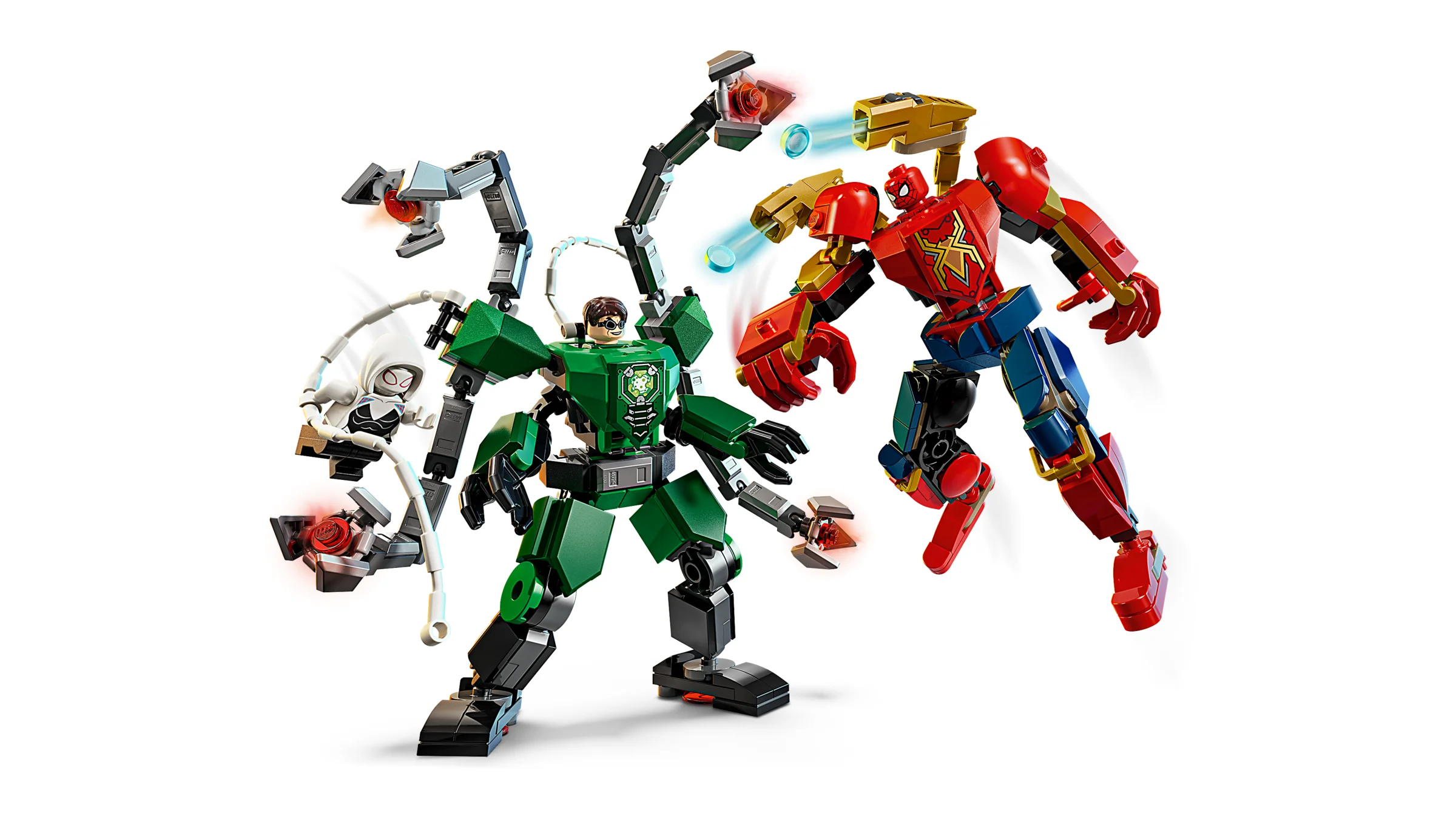 Imagine cu setul LEGO 76338, o bătălie între Spider-Man și Doctor Octopus în armuri robotizate.