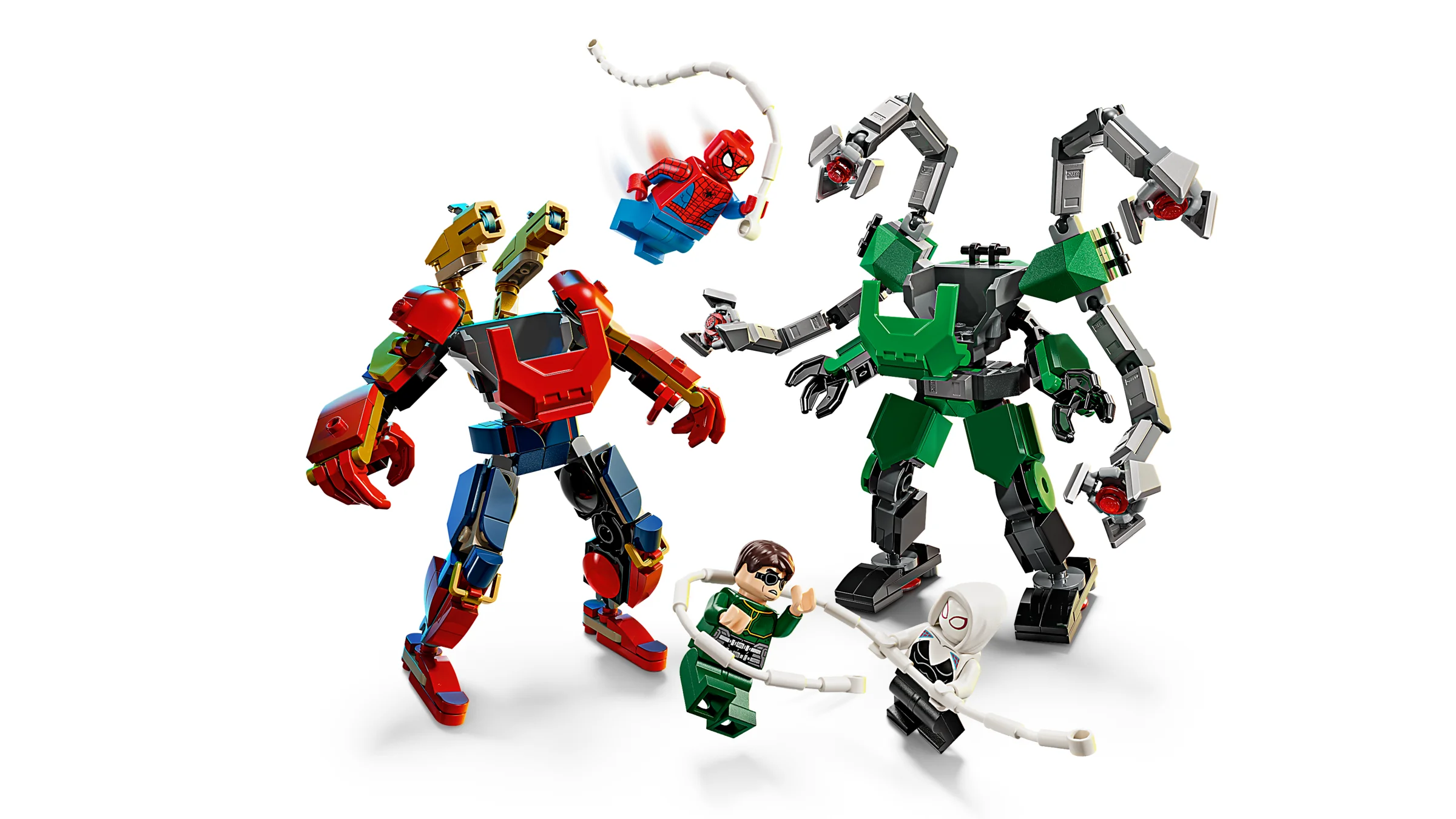 Imagine cu Spider-Man și Doc Ock în meciul lor cu roboți LEGO. Aventură și acțiune garantată!