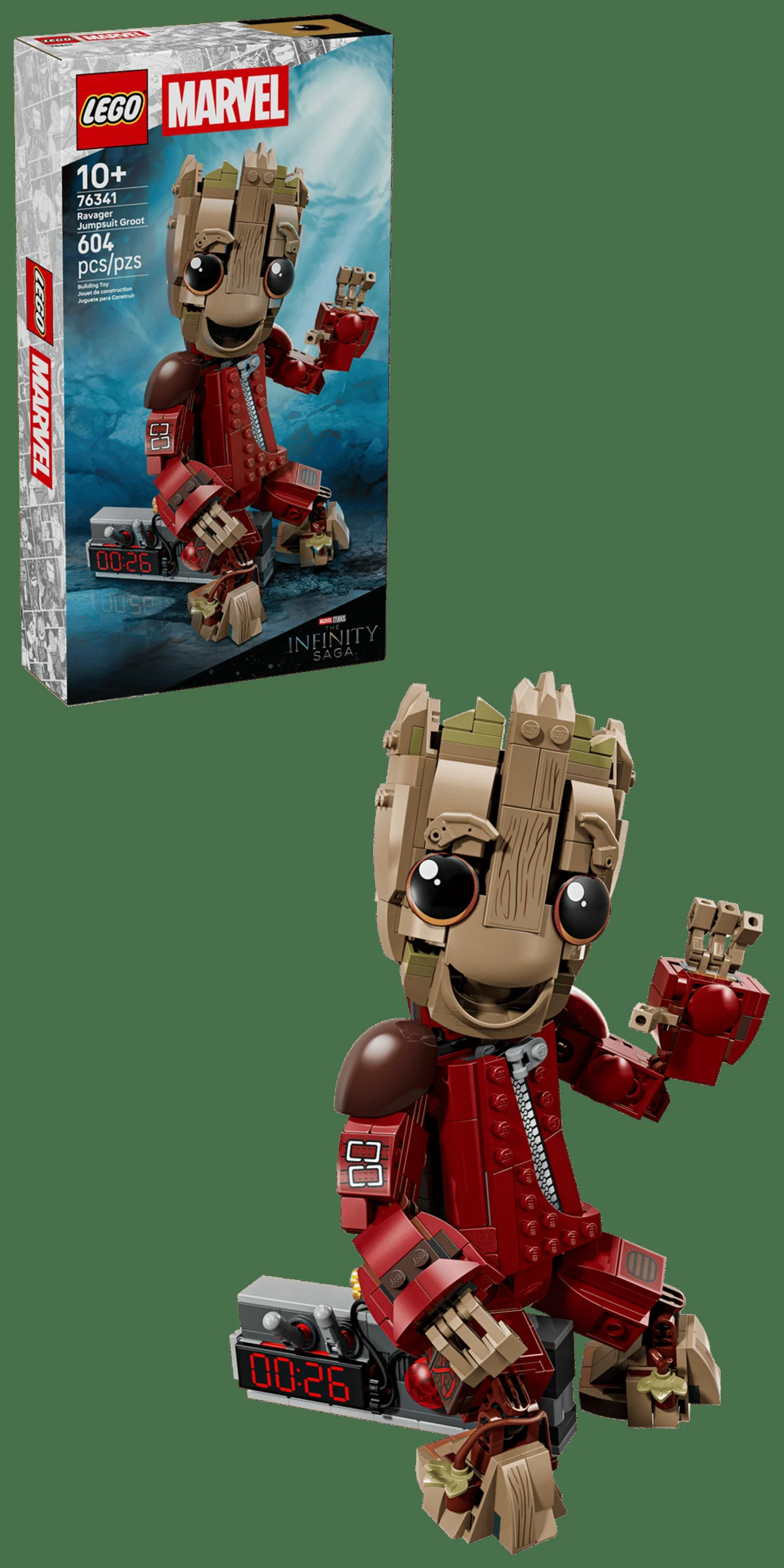 Imagine cu setul LEGO 76341 Ravager Jumpsuit Groot și cutia. Detalii despre design și prezentare.