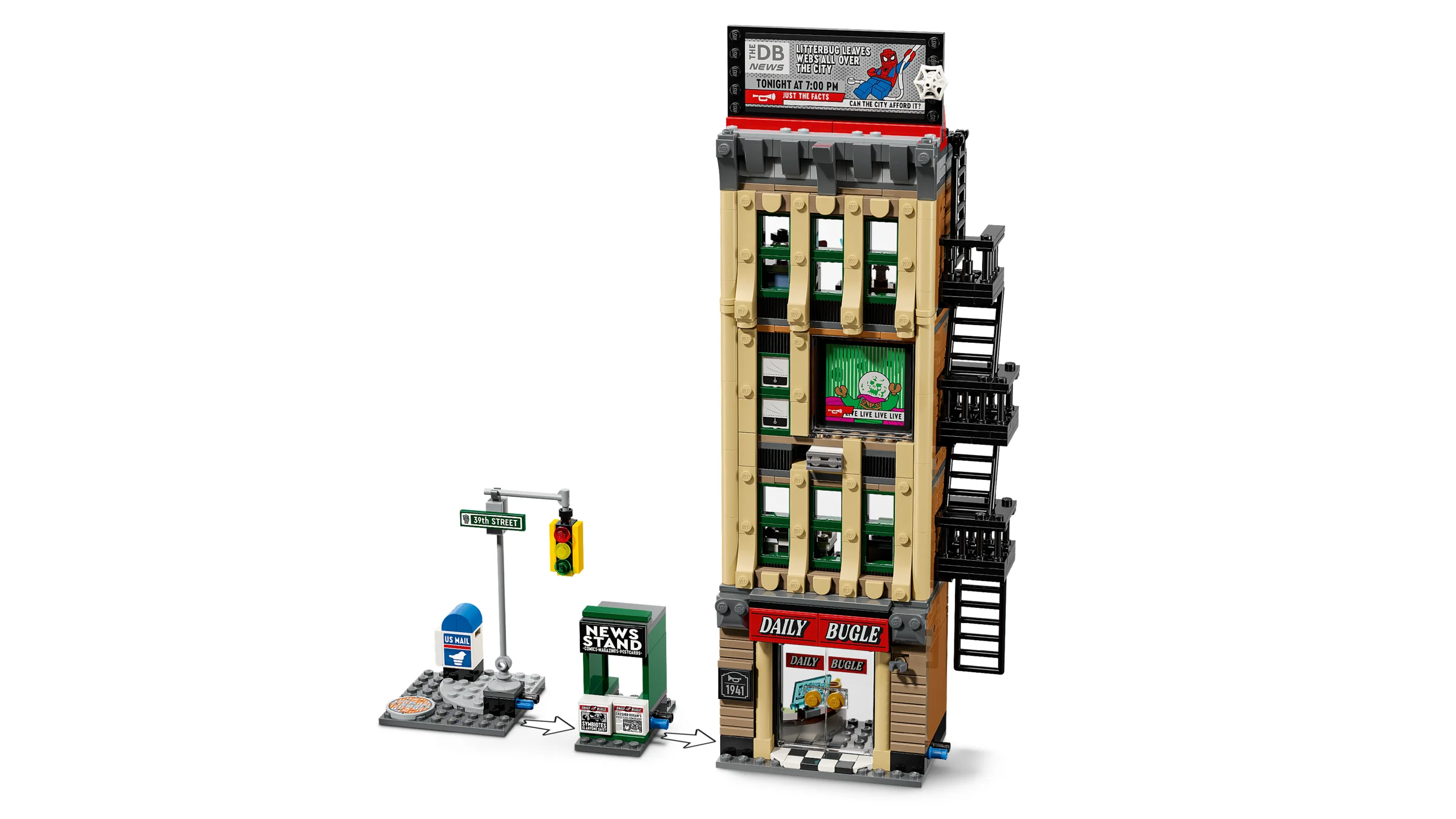 Clădirea Daily Bugle, cu chioșc de ziare și semafor. Model detaliat LEGO.