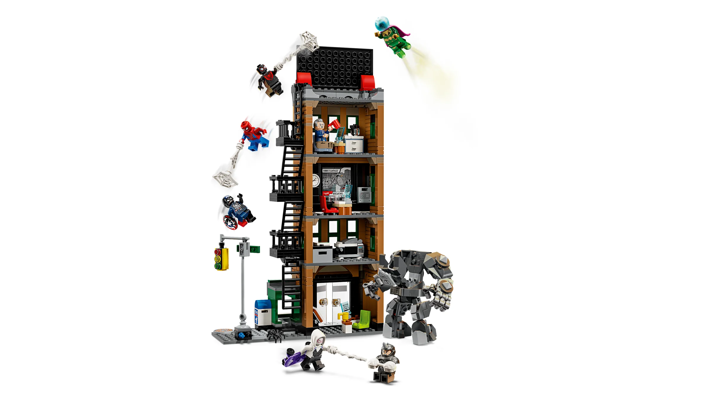 Imagine cu setul LEGO 76342, Spider-Man vs. Mysterio: The Daily Bugle. Acțiune supereroică!