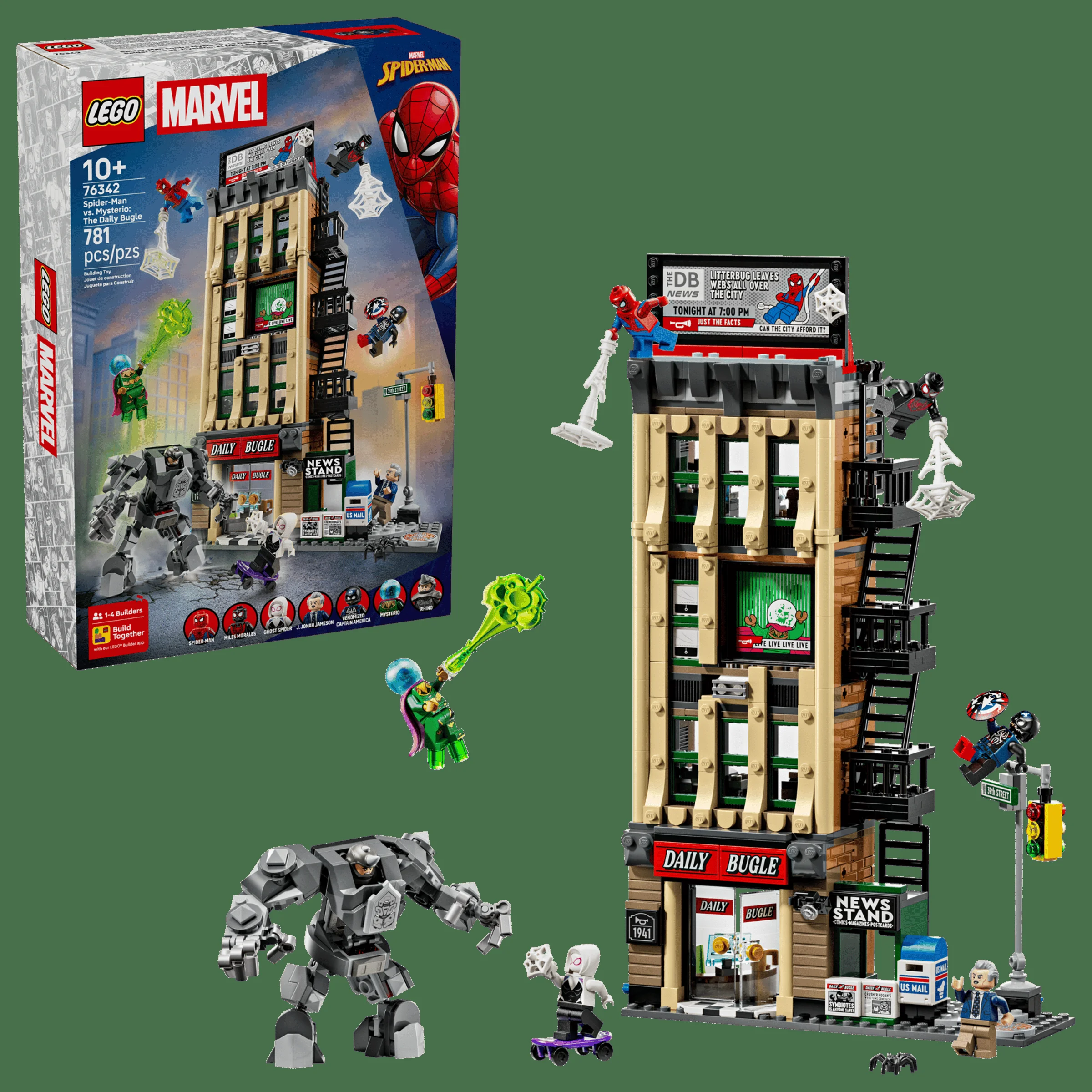 Imagine cu setul LEGO 76342 Spider-Man vs. Mysterio: The Daily Bugle și cutia acestuia.