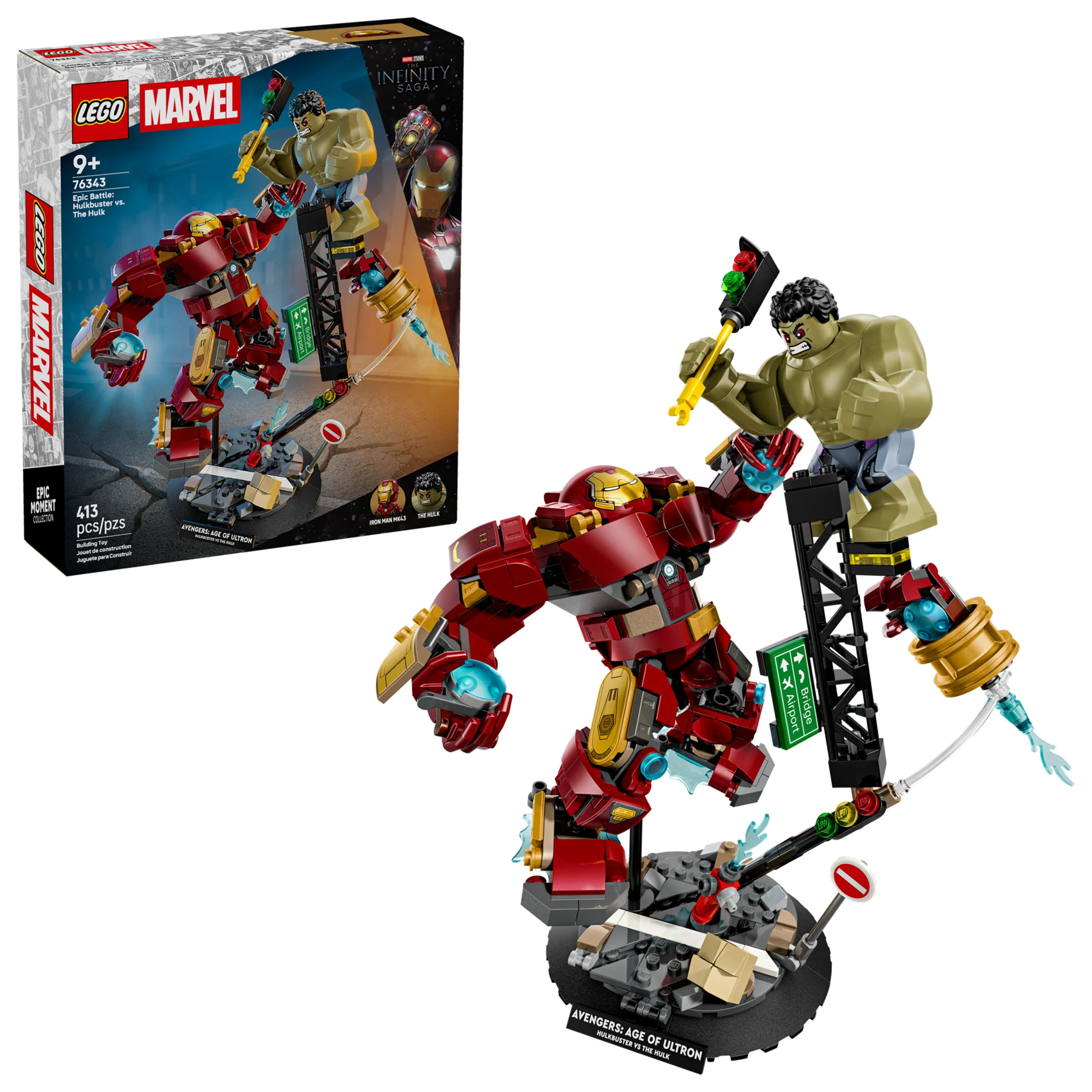 Imagine cu setul LEGO 76343 Hulkbuster vs. The Hulk, cu cutia și modelul asamblat.
