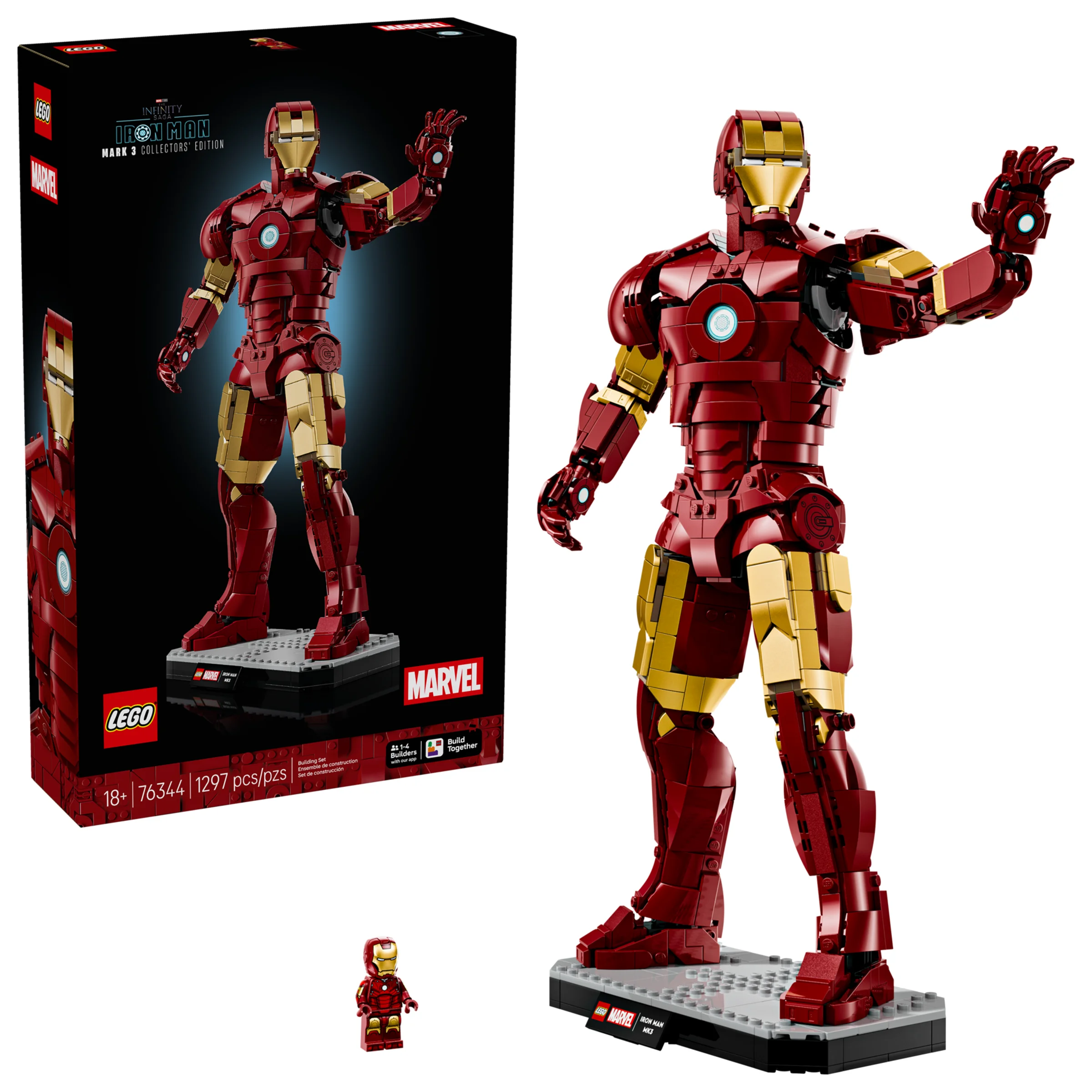 Prezentare LEGO Iron Man Mark 3, ediție de colecție. Figurina și cutia sunt vizibile.