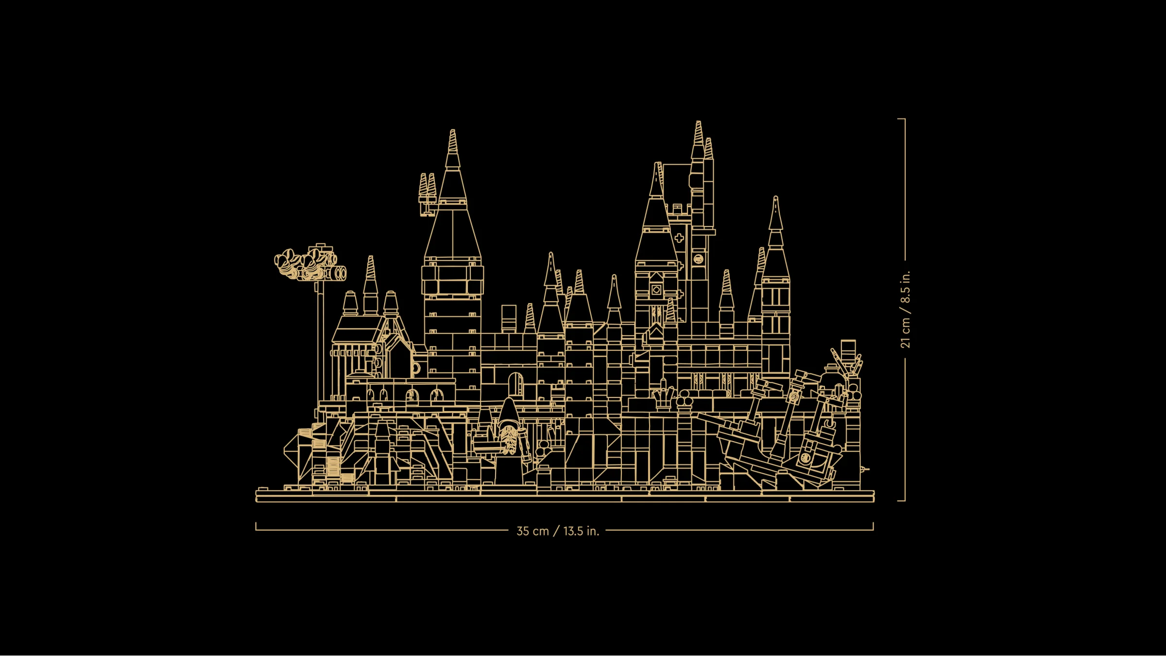 Diagramă a castelului Hogwarts și a terenurilor, cu dimensiunile 21cm x 35cm.