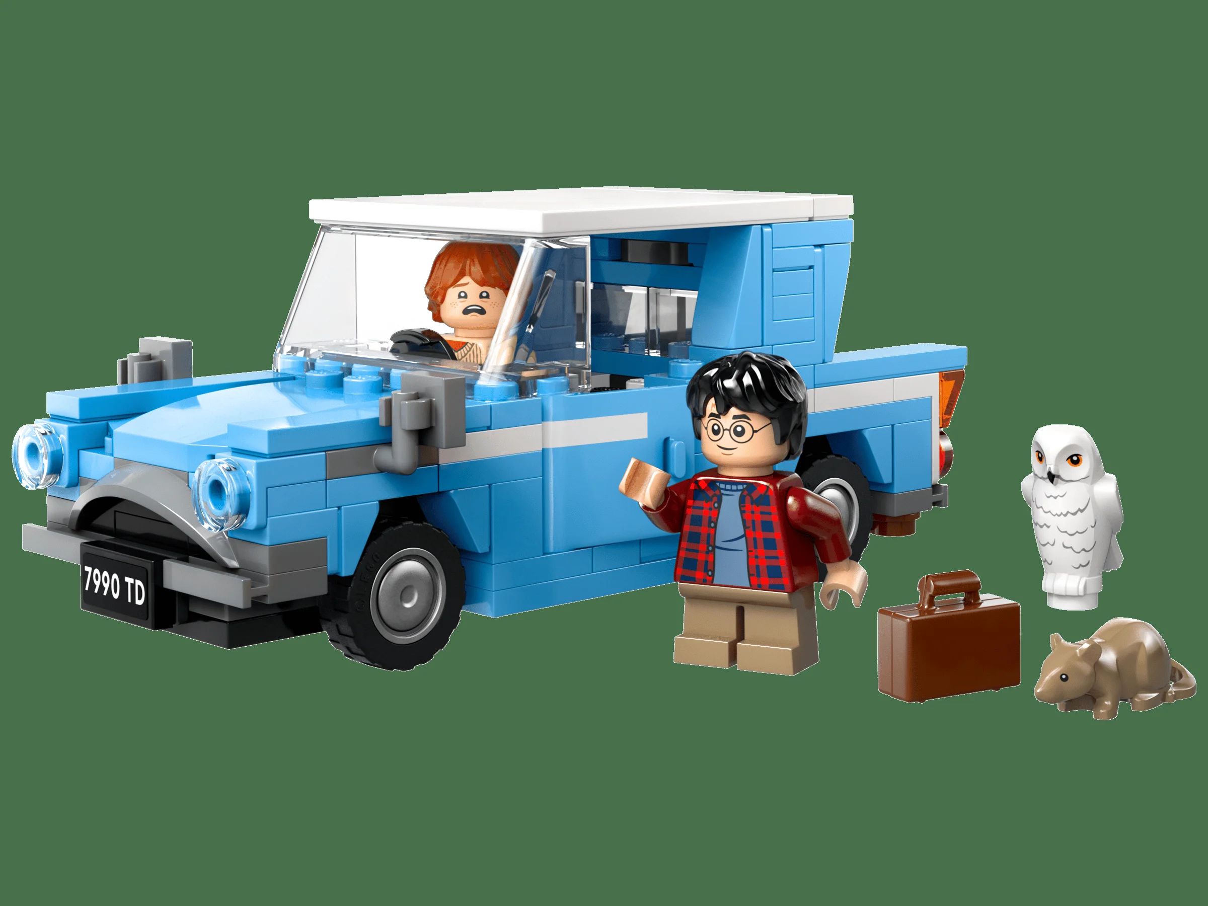 Imagine cu Ford Anglia zburătoare, cu Harry, Ron, Hedwig și Șobolanul Scabbers LEGO.