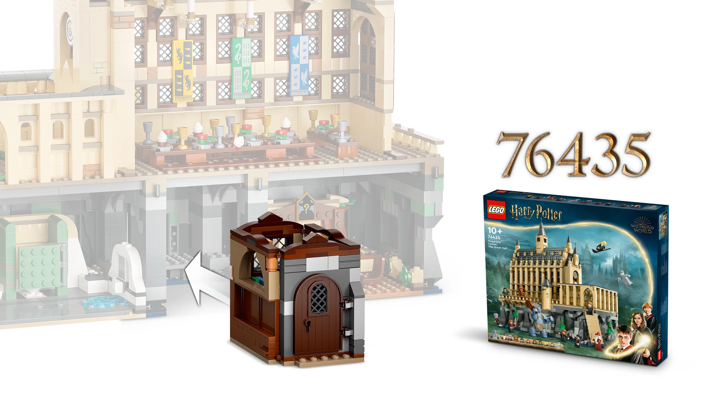 Imagine cu cutia setului 76435 și o componentă a castelului Hogwarts, prezentând detaliile construcției.