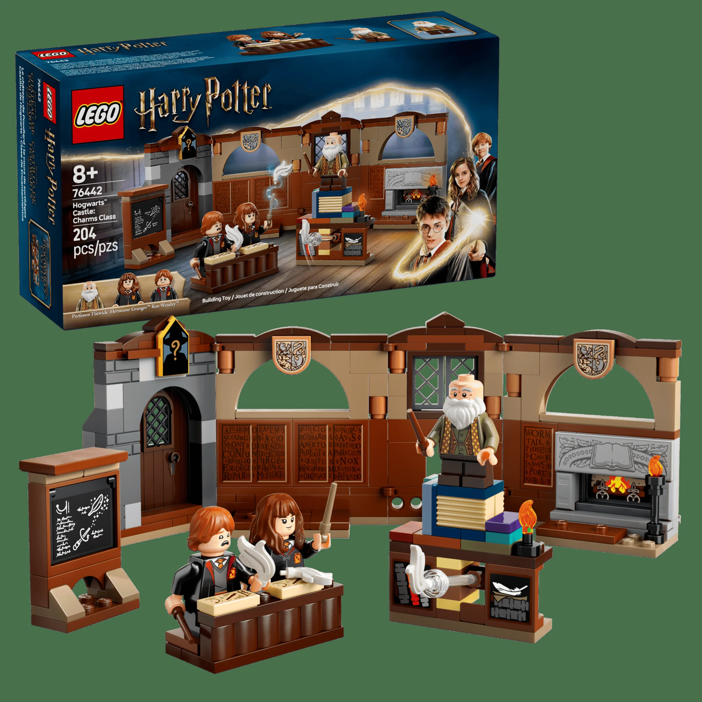 Imagine cu setul LEGO 76442 Hogwarts Castle: Charms Class și cutia acestuia.