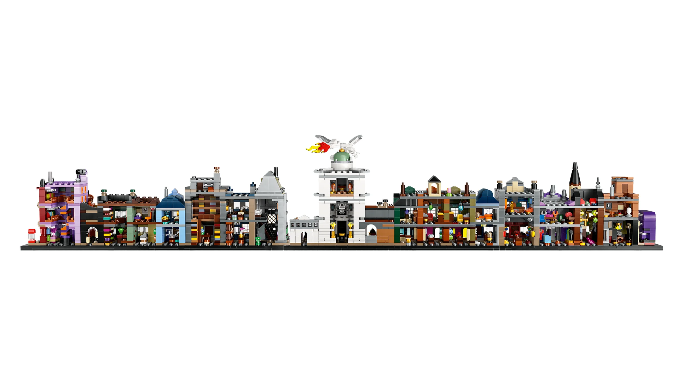 Imagine cu modelul LEGO Diagon Alley Wizarding Shops (76444), secționat pentru a vedea interiorul detaliat.