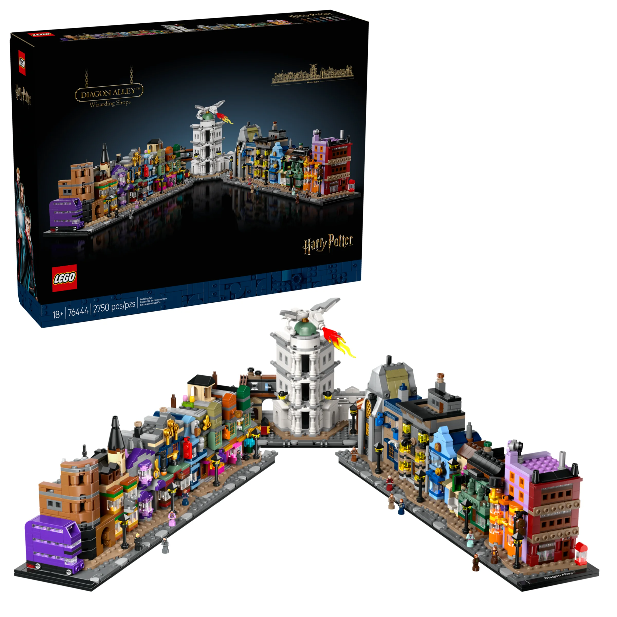 Imagine cu setul LEGO 76444, Diagon Alley. Se văd magazinele detaliate și cutia produsului.
