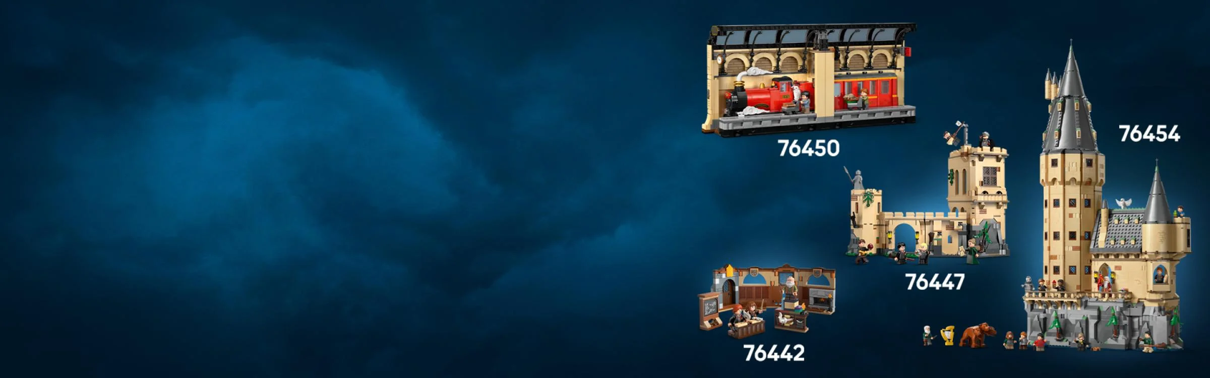 Imagine cu diverse seturi LEGO Harry Potter, inclusiv Hogwarts și trenul Hogwarts Express.