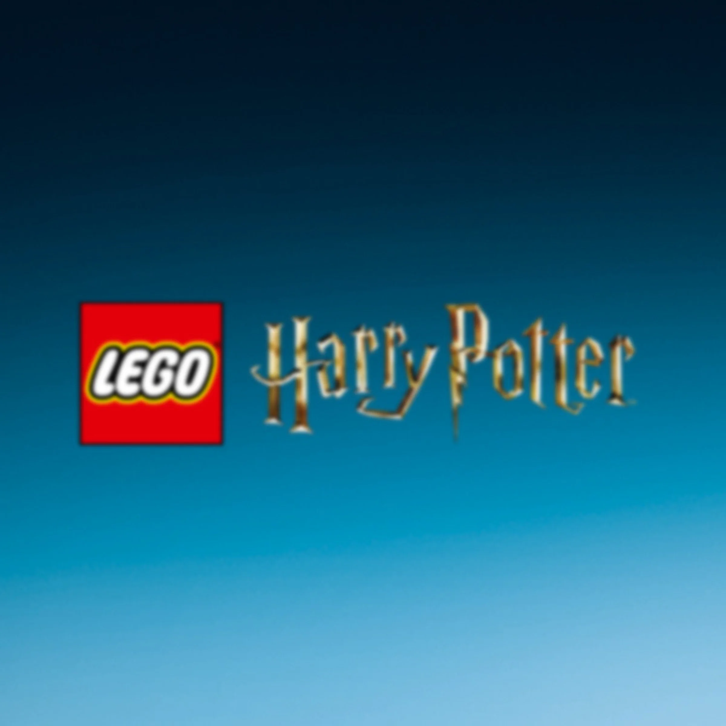 Logo-urile LEGO și Harry Potter pe un fundal albastru gradient.