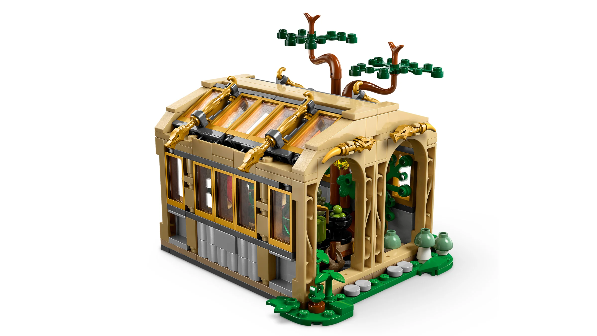 Imagine cu sera de Herbologie de la Hogwarts, un model LEGO detaliat și atractiv.