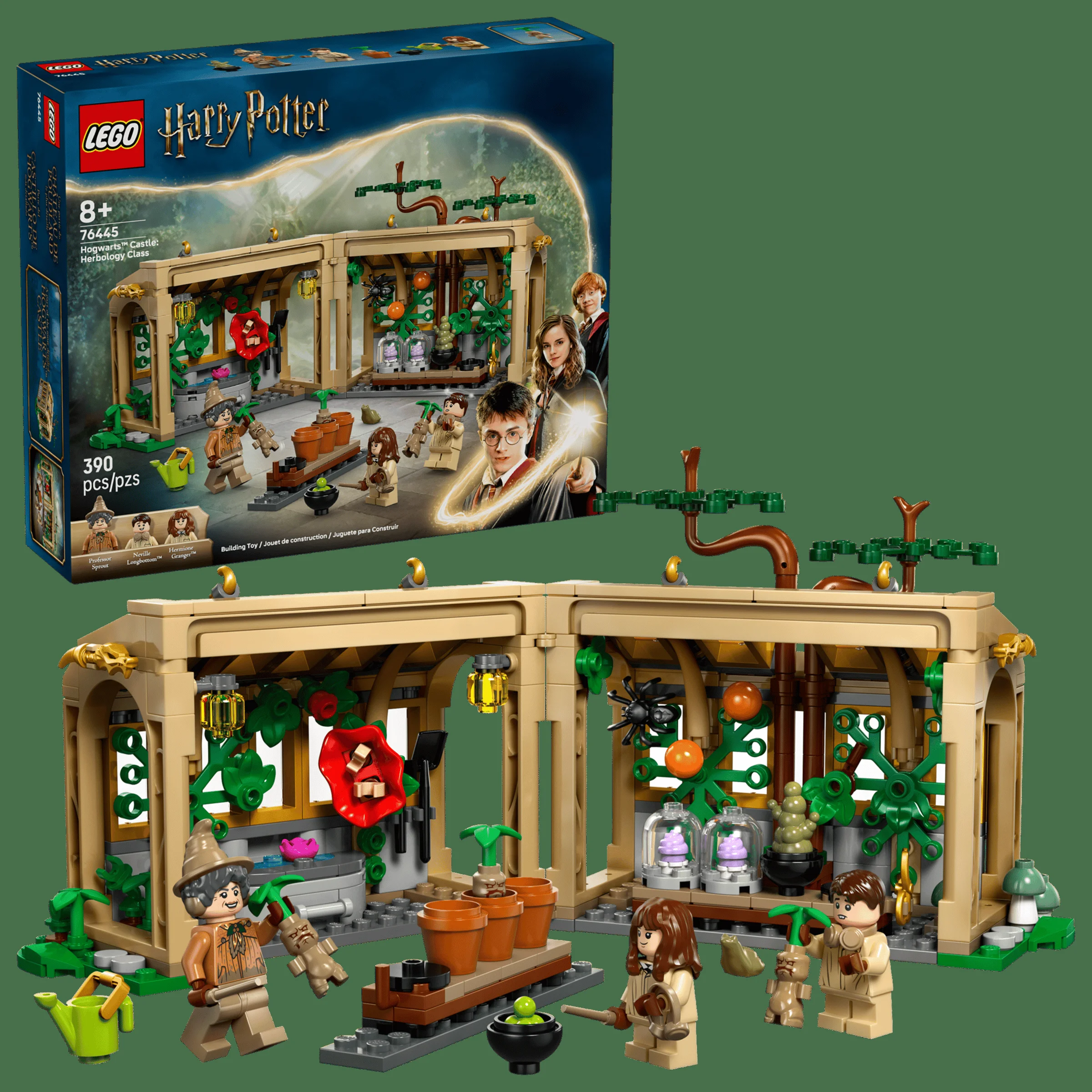 Imagine cu setul LEGO 76445 Hogwarts: Clasa de Ierbologie, detaliată și colorată.