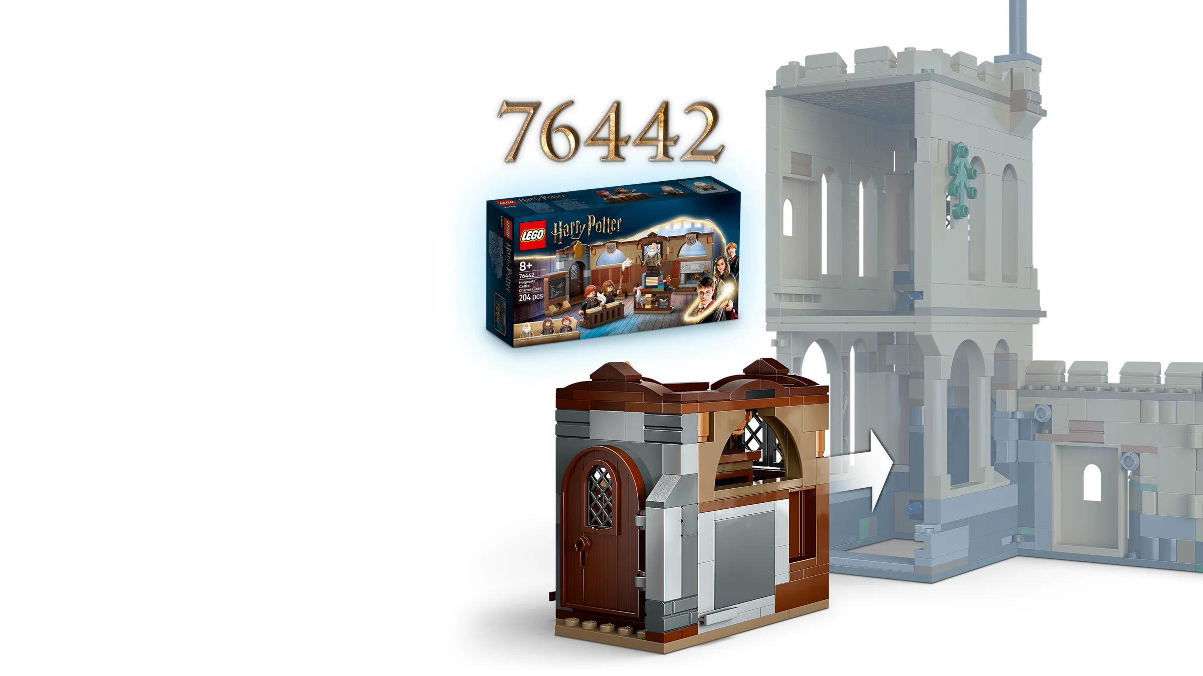 Imagine cu cutia setului LEGO Hogwarts: Lecții de Zbor și o secțiune modulară atașată.