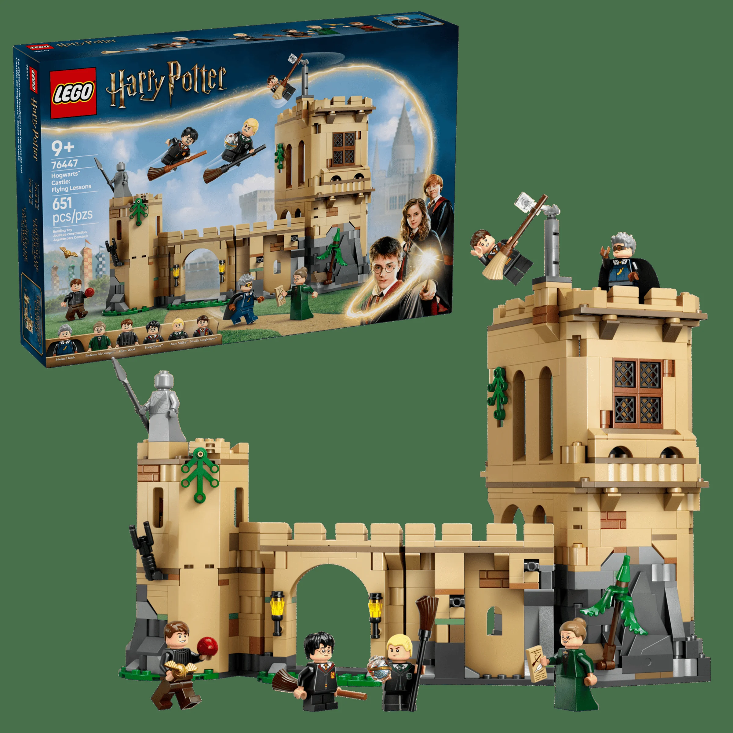 Imagine cu setul LEGO 76447, lecții de zbor la Hogwarts, cu minifigurine și castelul construit.