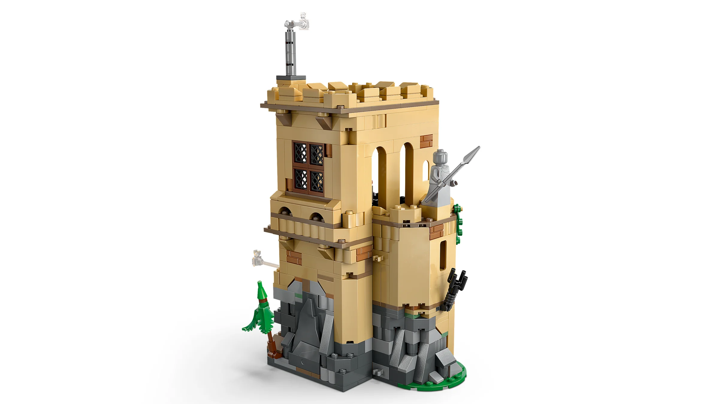 O imagine a turnului castelului Hogwarts din setul LEGO, cu detalii arhitecturale.