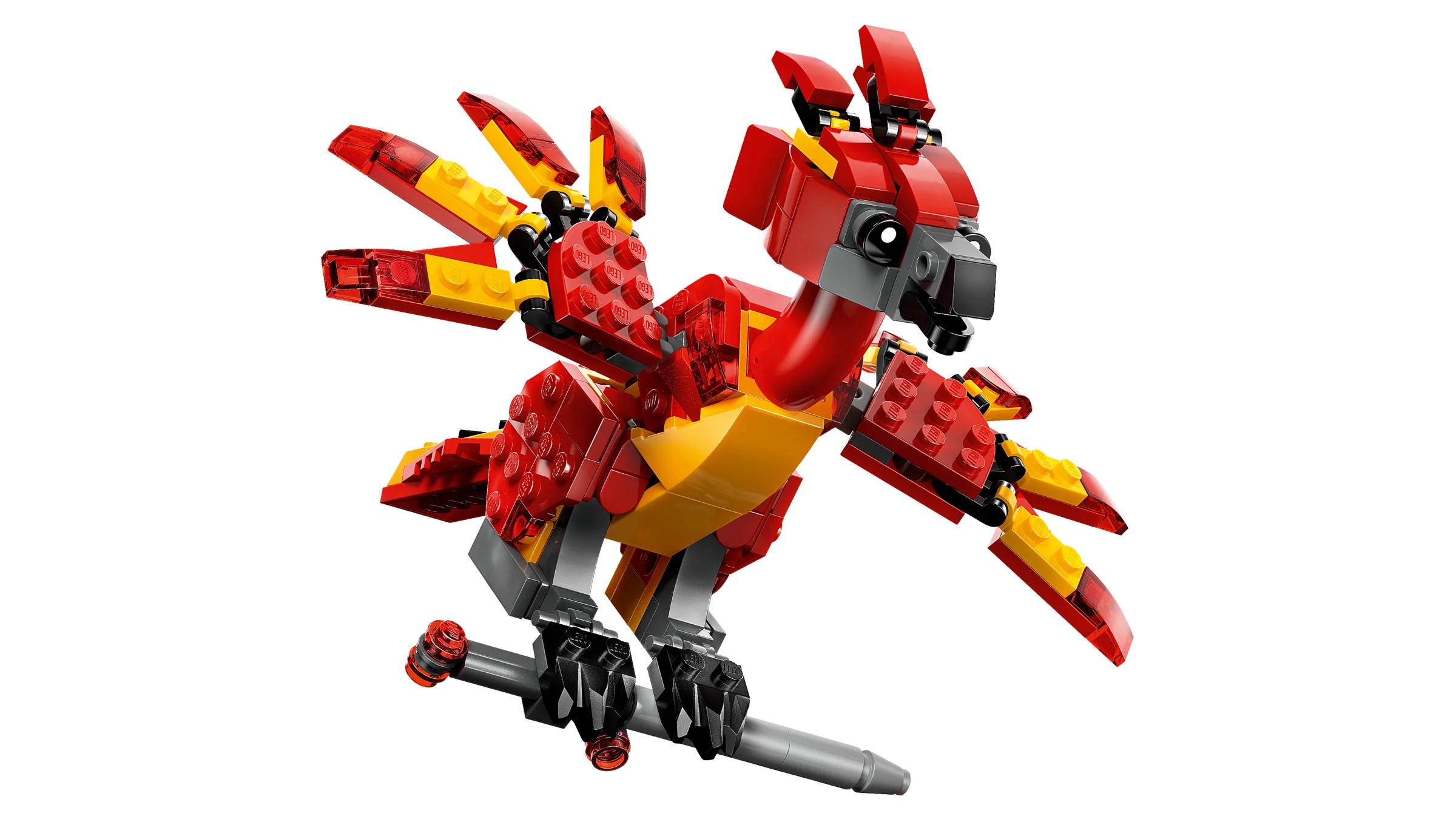Fawkes, pasărea phoenix a lui Dumbledore, construită din cărămizi LEGO roșii și galbene, stând pe o bară gri.