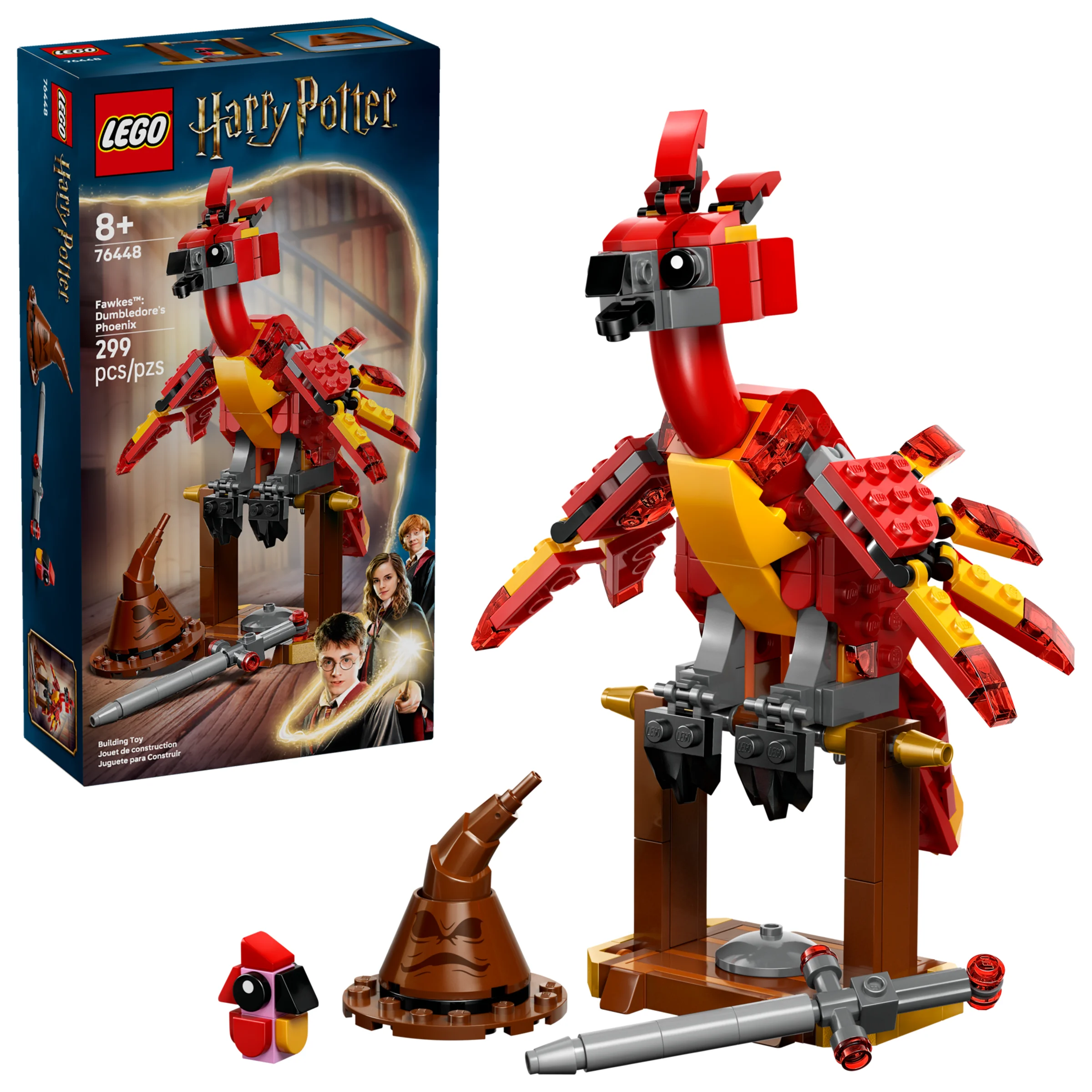 Imagine cu setul LEGO 76448 Fawkes, Phoenix-ul lui Dumbledore, inclusiv cutia, pălăria și bagheta.