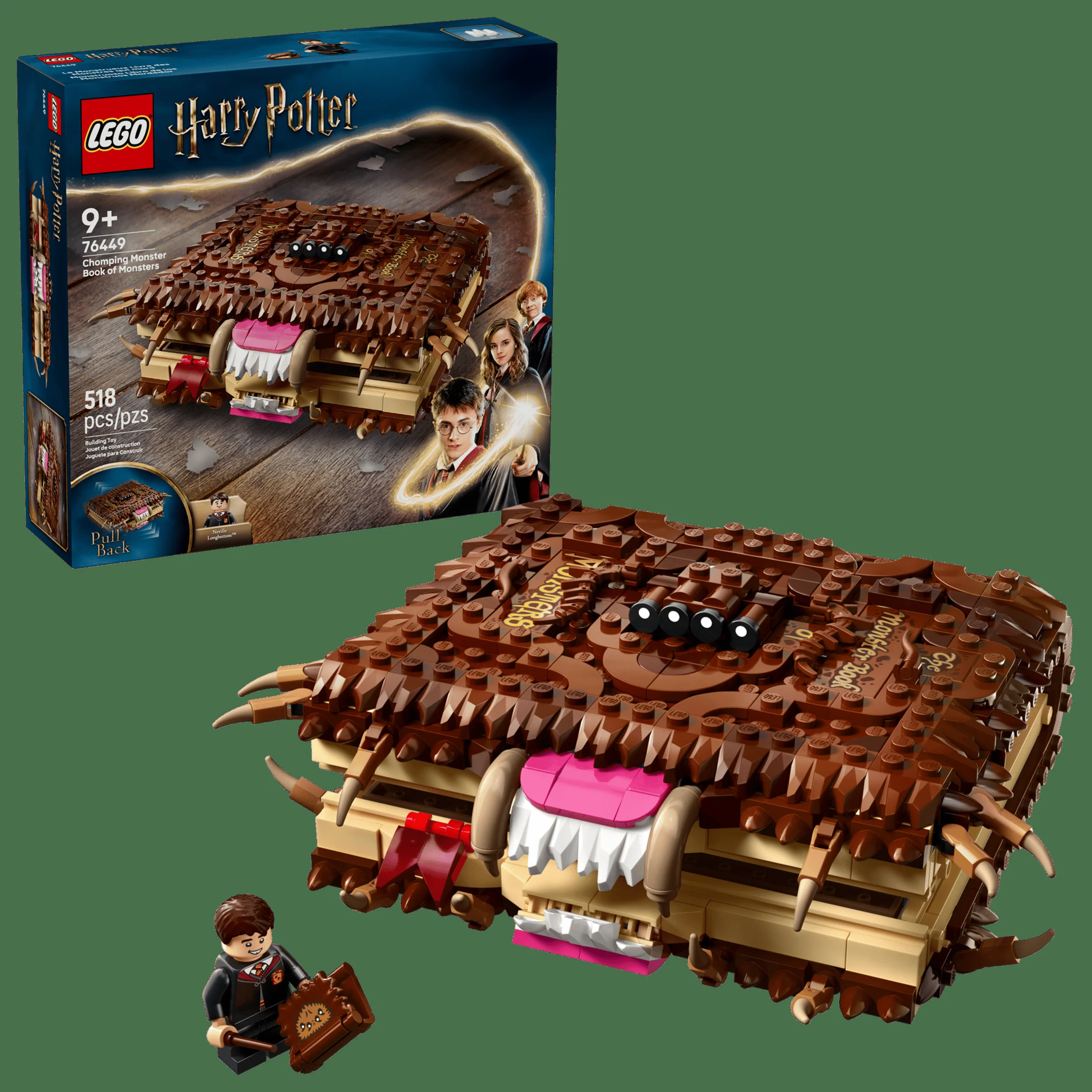 Imagine cu setul LEGO 76449: Cartea Monștrilor. Include cutia, modelul construit și minifigurina Neville Longbottom.