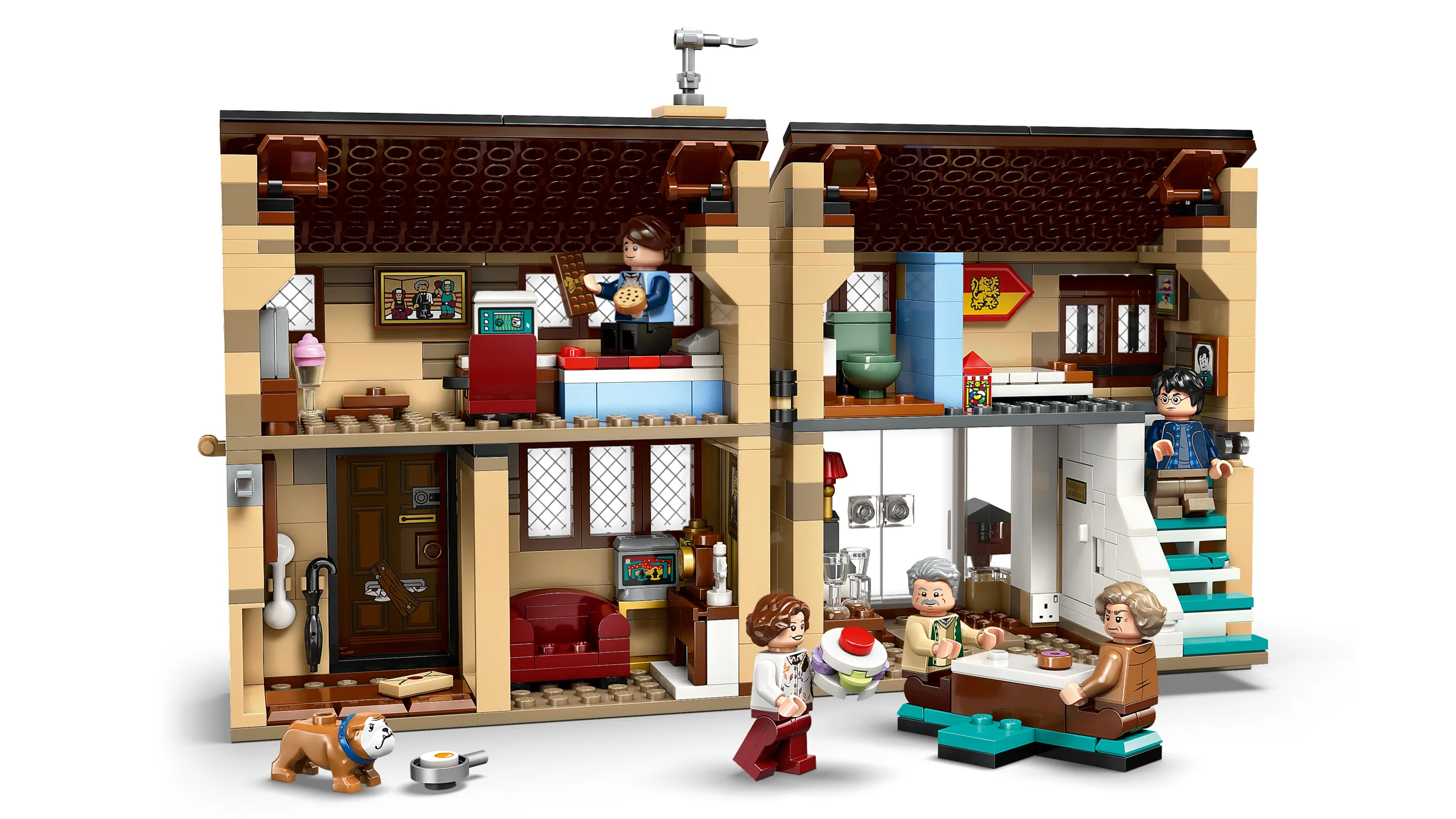 Imagine cu casa Dursley de pe Privet Drive, setul 76451, cu minifigurinele aferente.