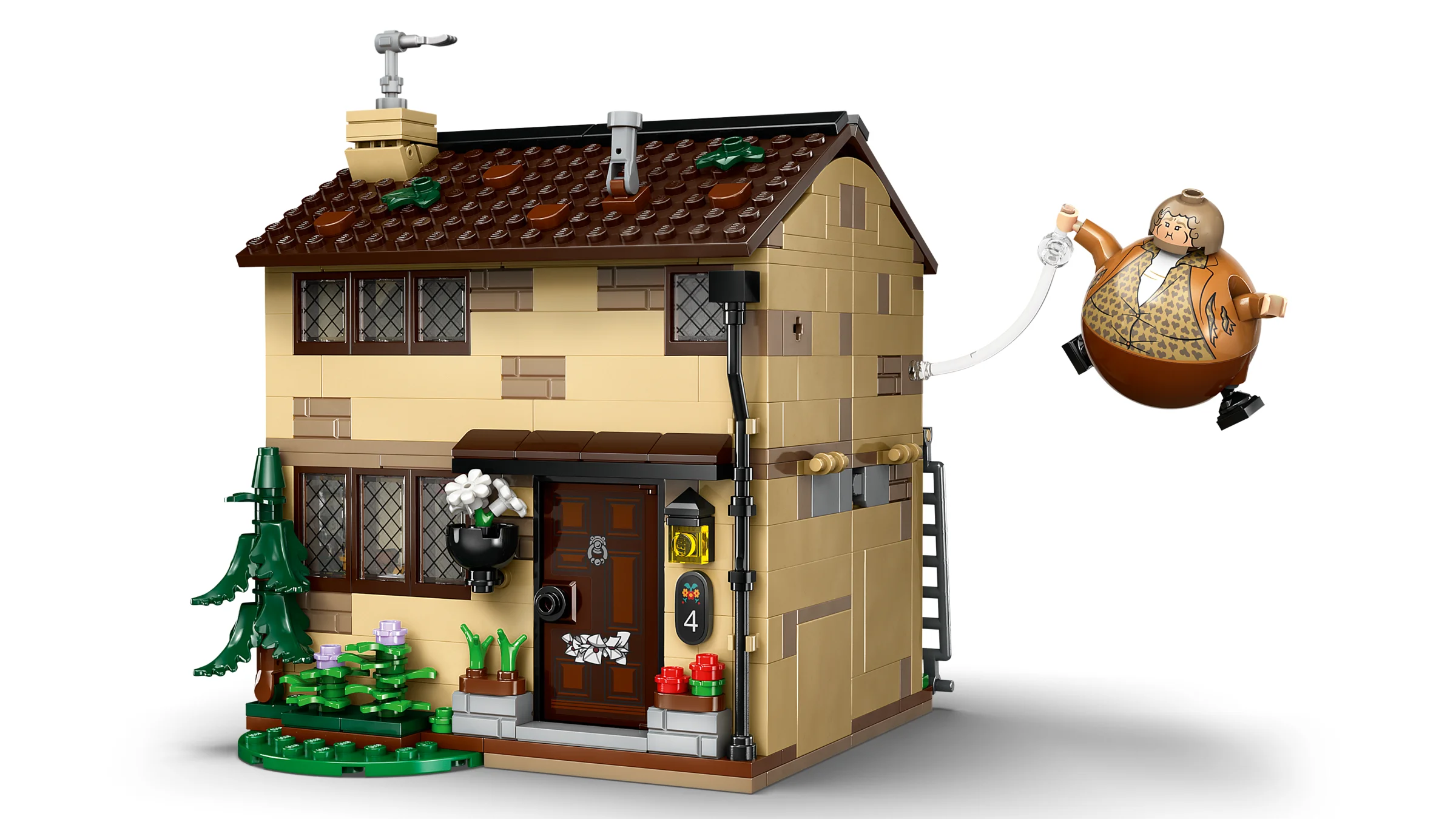 Imagine detaliată a casei Privet Drive, numărul 4, cu mătușa Marge plutind în aer. Set LEGO Harry Potter.