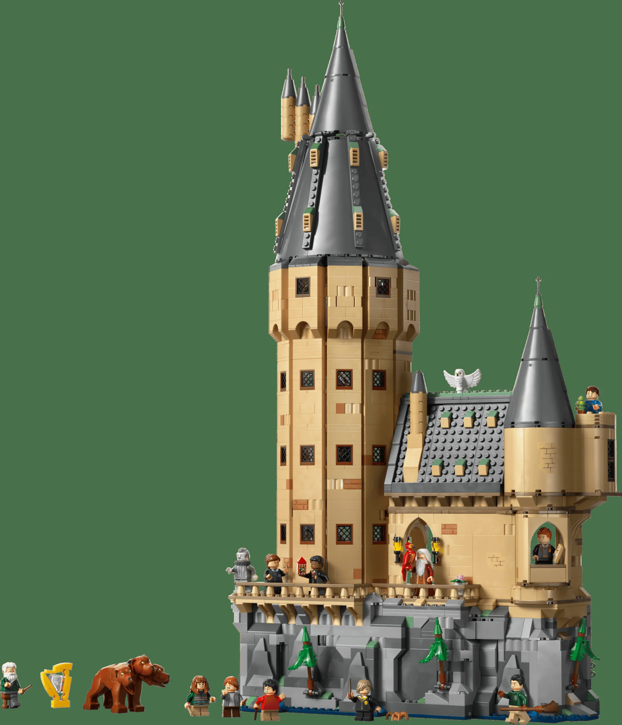 Imagine detaliată cu setul LEGO Hogwarts Castle: Turnul Principal, cu minifigurine și elemente distinctive.