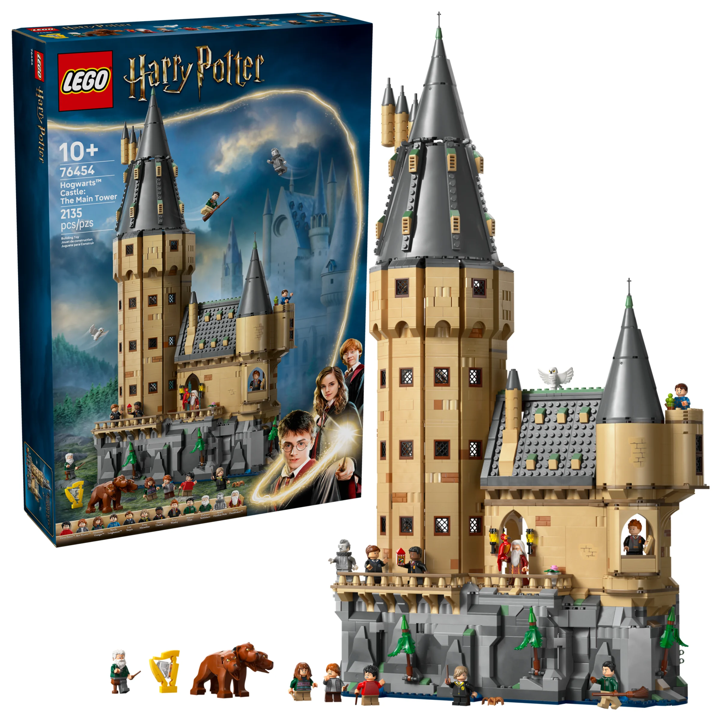 Imagine cu setul LEGO 76454 Hogwarts Castle: Turnul Principal și cutia produsului. Set detaliat.
