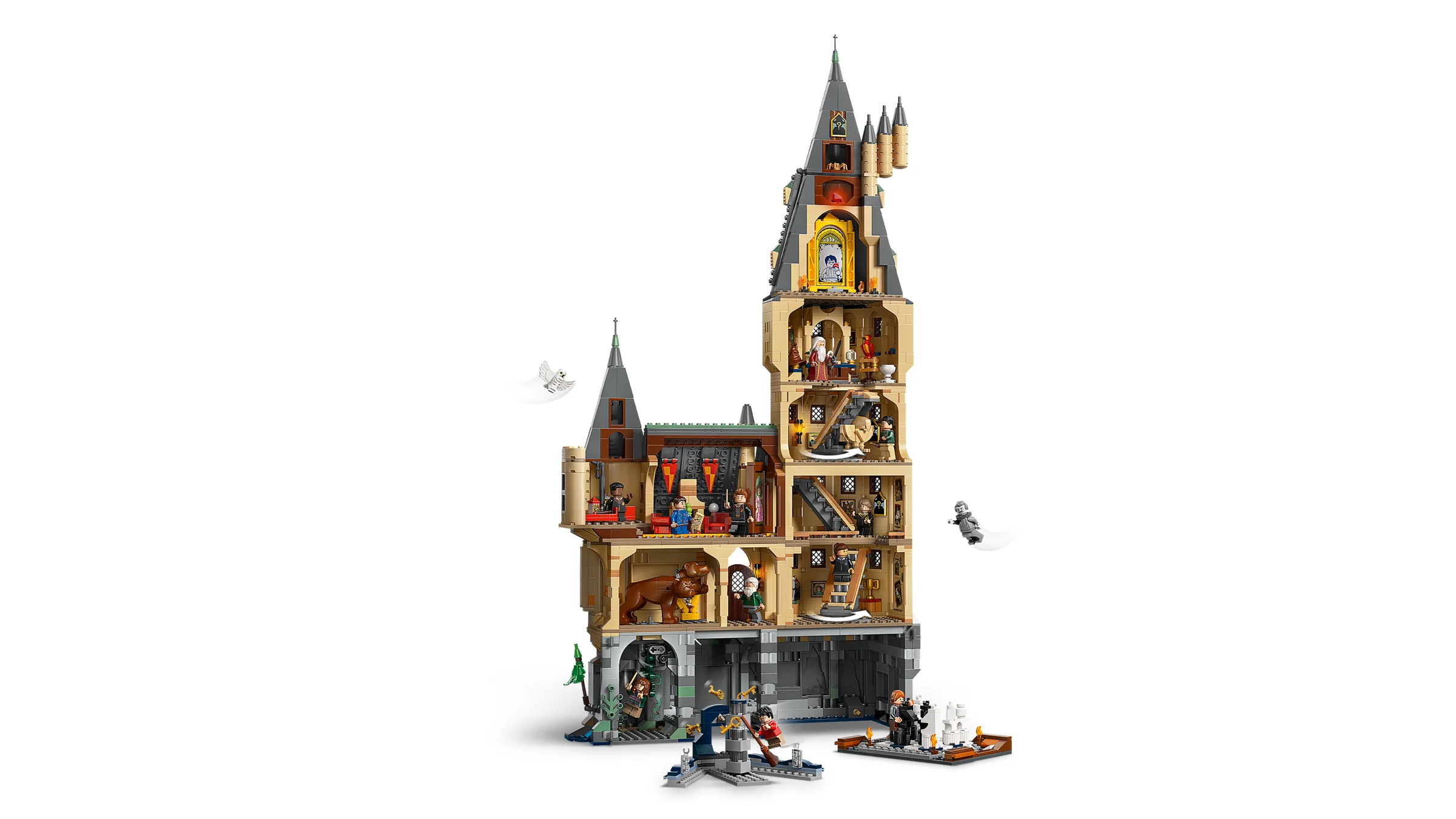 Imagine a turnului principal Hogwarts LEGO 76454, detaliind încăperile și figurinele incluse.