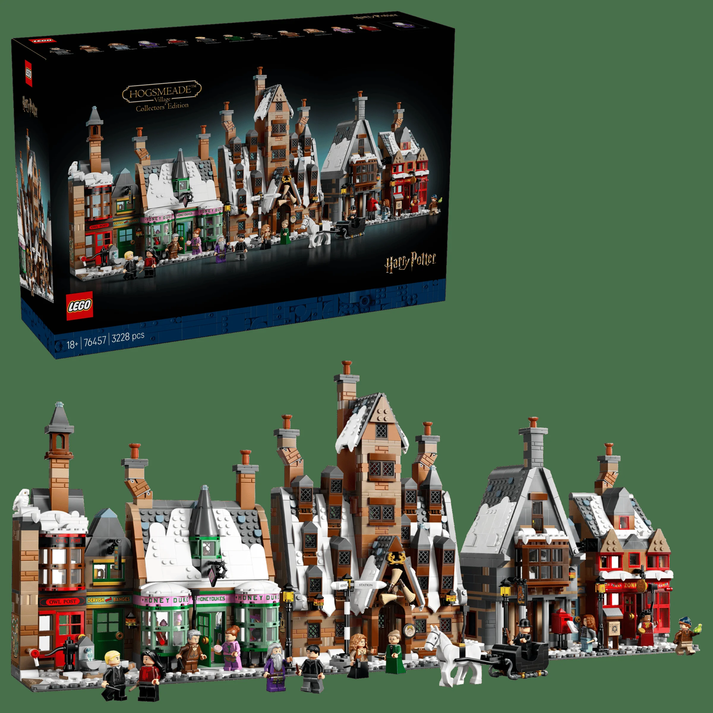Imagine cu setul LEGO 76457 Hogsmeade Village - Collectors' Edition și cutia sa.