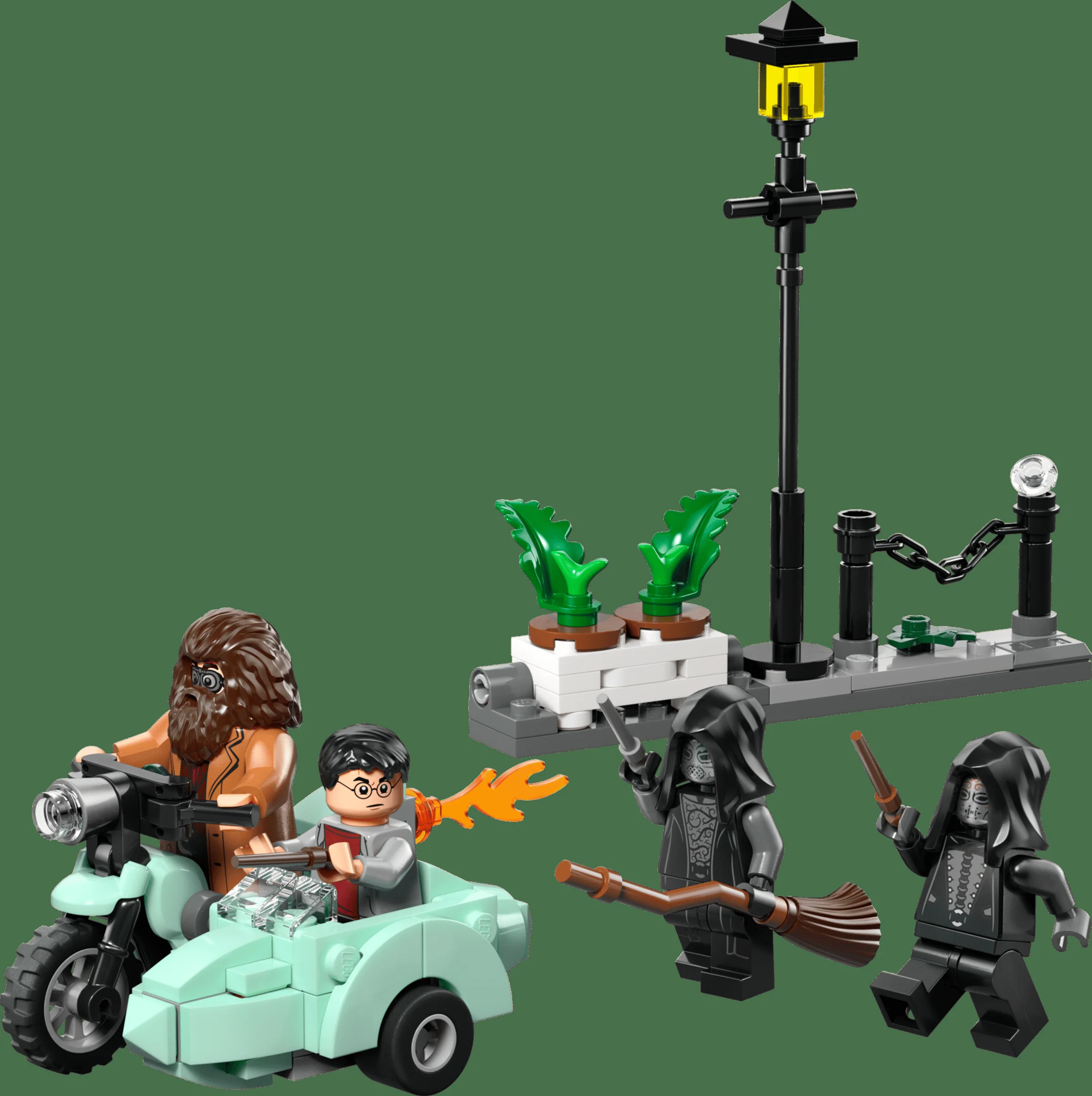 Hagrid și Harry fug de Dementori. Motocicleta, plante și stâlp de lumină incluse.