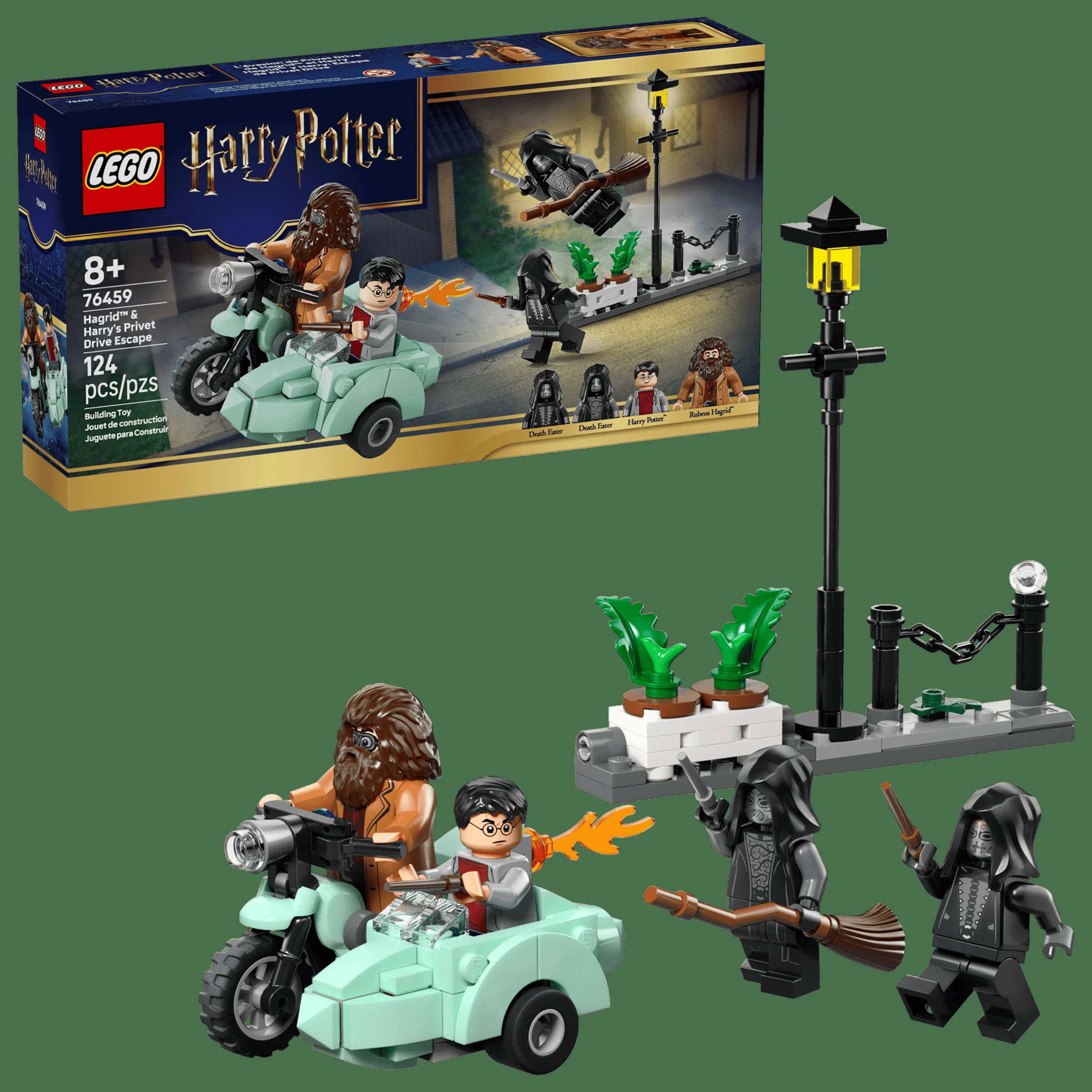 Imagine cu setul LEGO 76459, cu Hagrid și Harry pe motocicletă, lângă Privet Drive.