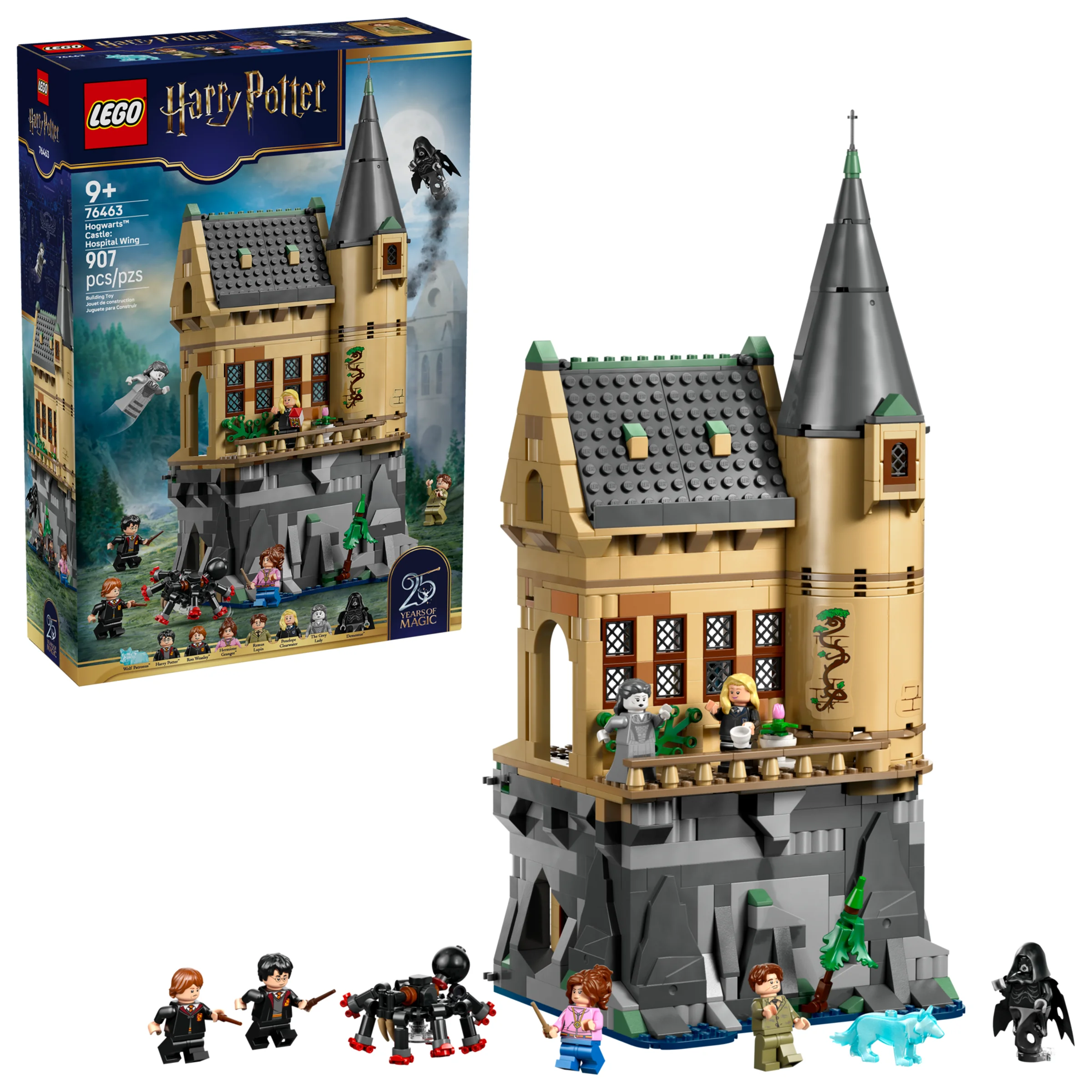 Imagine cu setul LEGO 76463, Aripa Spitalului de la Hogwarts, prezentând castelul și minifigurinele incluse.