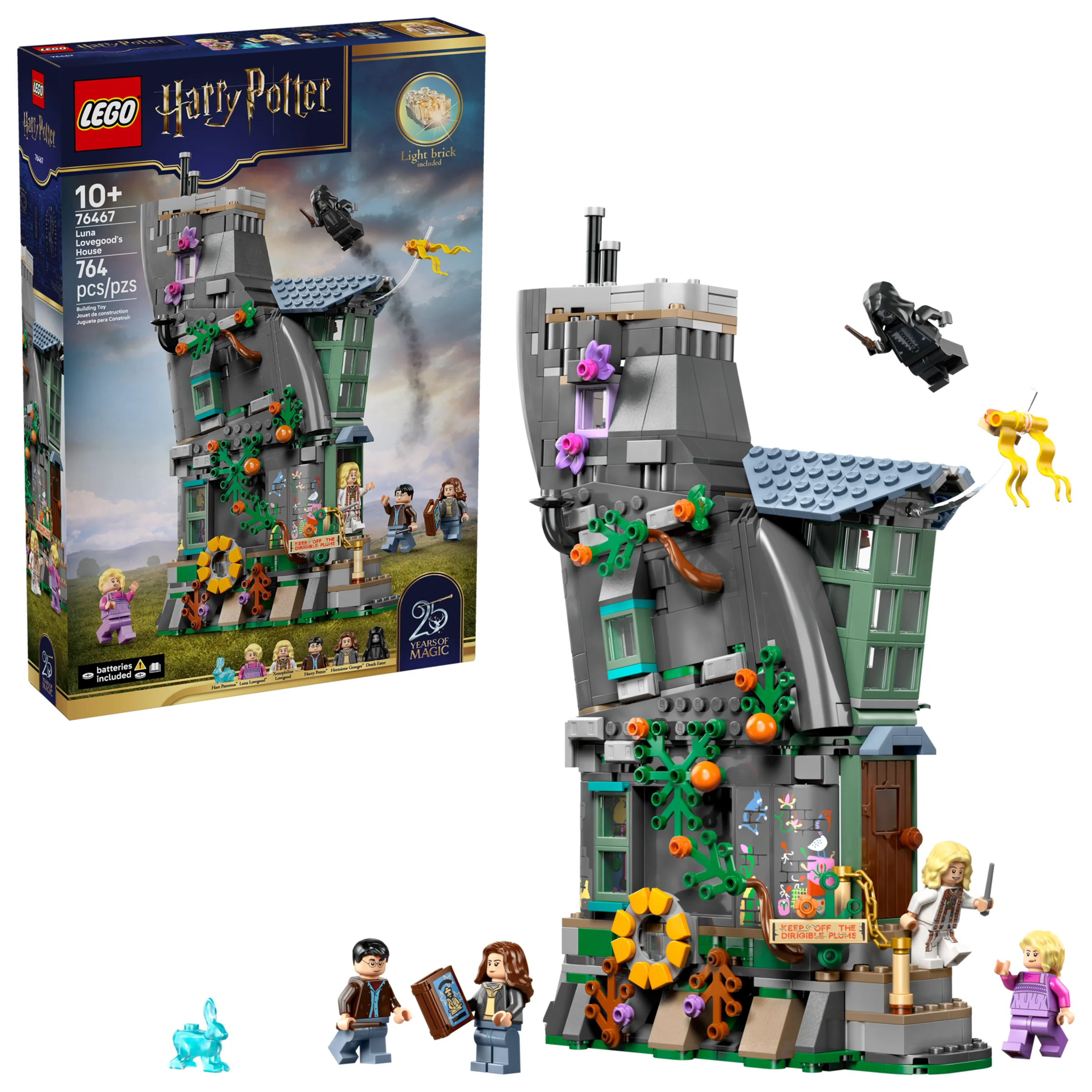 Imagine cu setul LEGO 76467 „Casa Lunii Lovegood”, incluzând cutia și modelul asamblat.