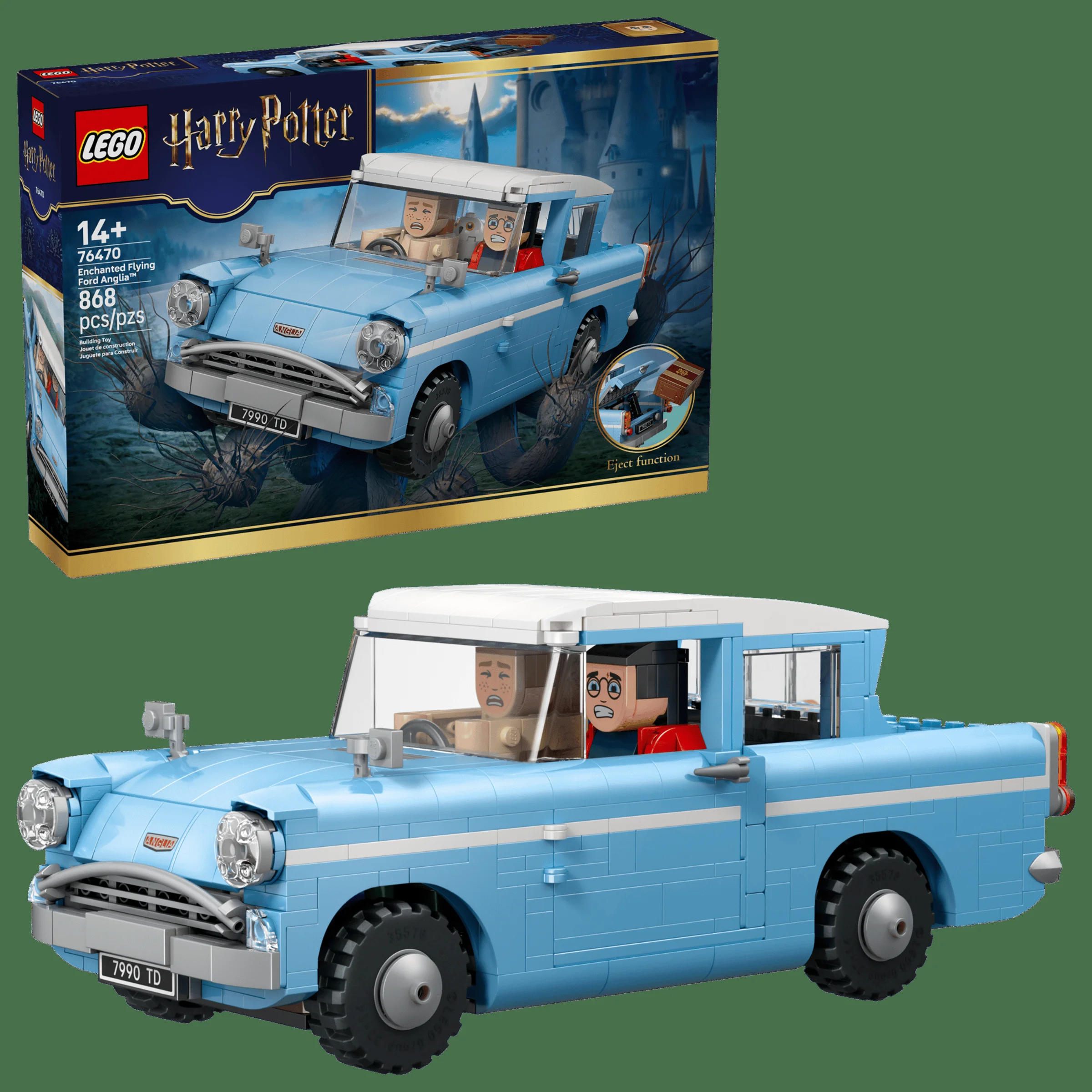 Imagine cu Ford Anglia zburătoare fermecată, setul LEGO 76470. Include cutia și modelul construit.