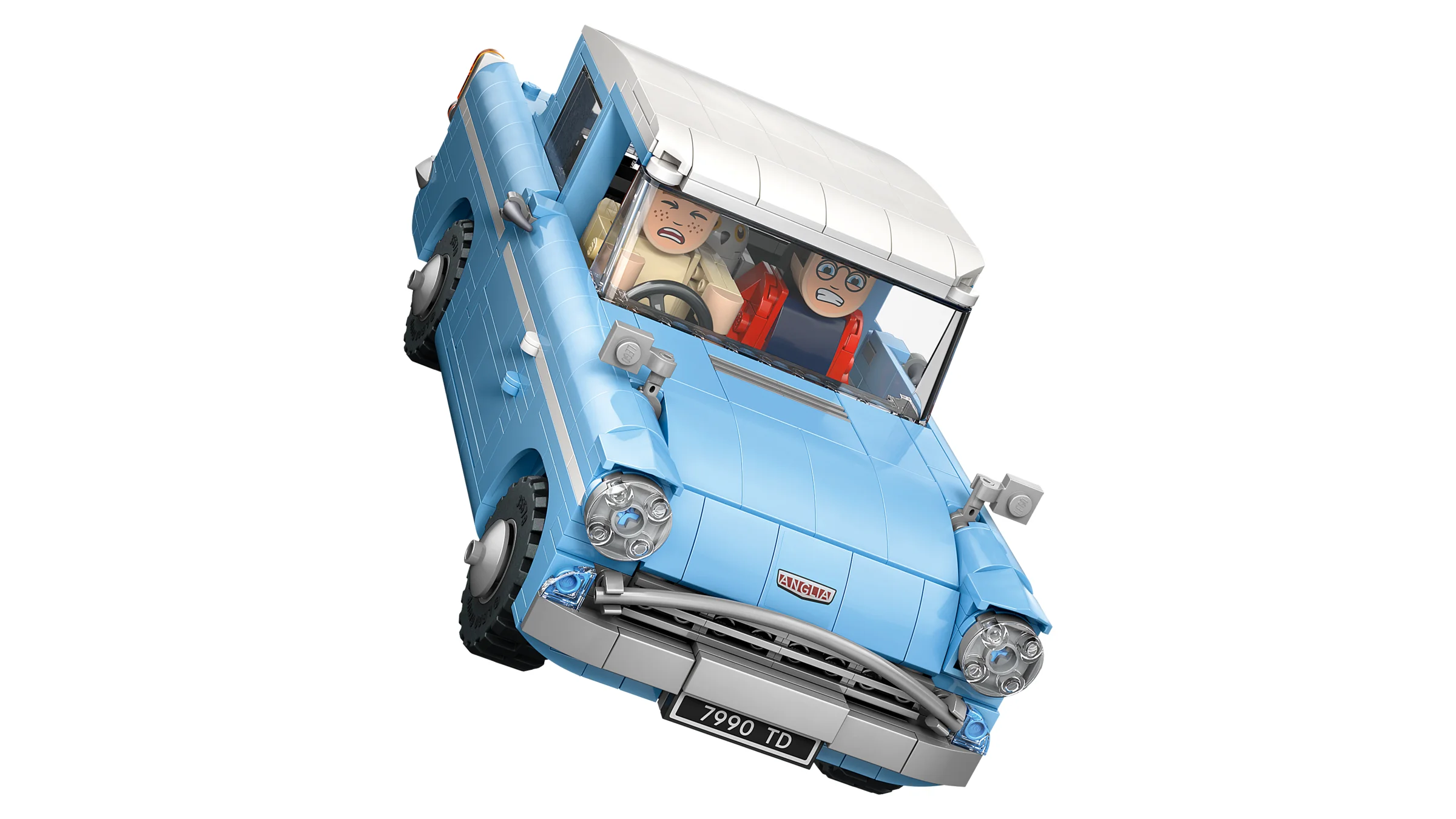 Ford Anglia zburătoare, cu minifigurinele Harry și Ron, într-o imagine detaliată.