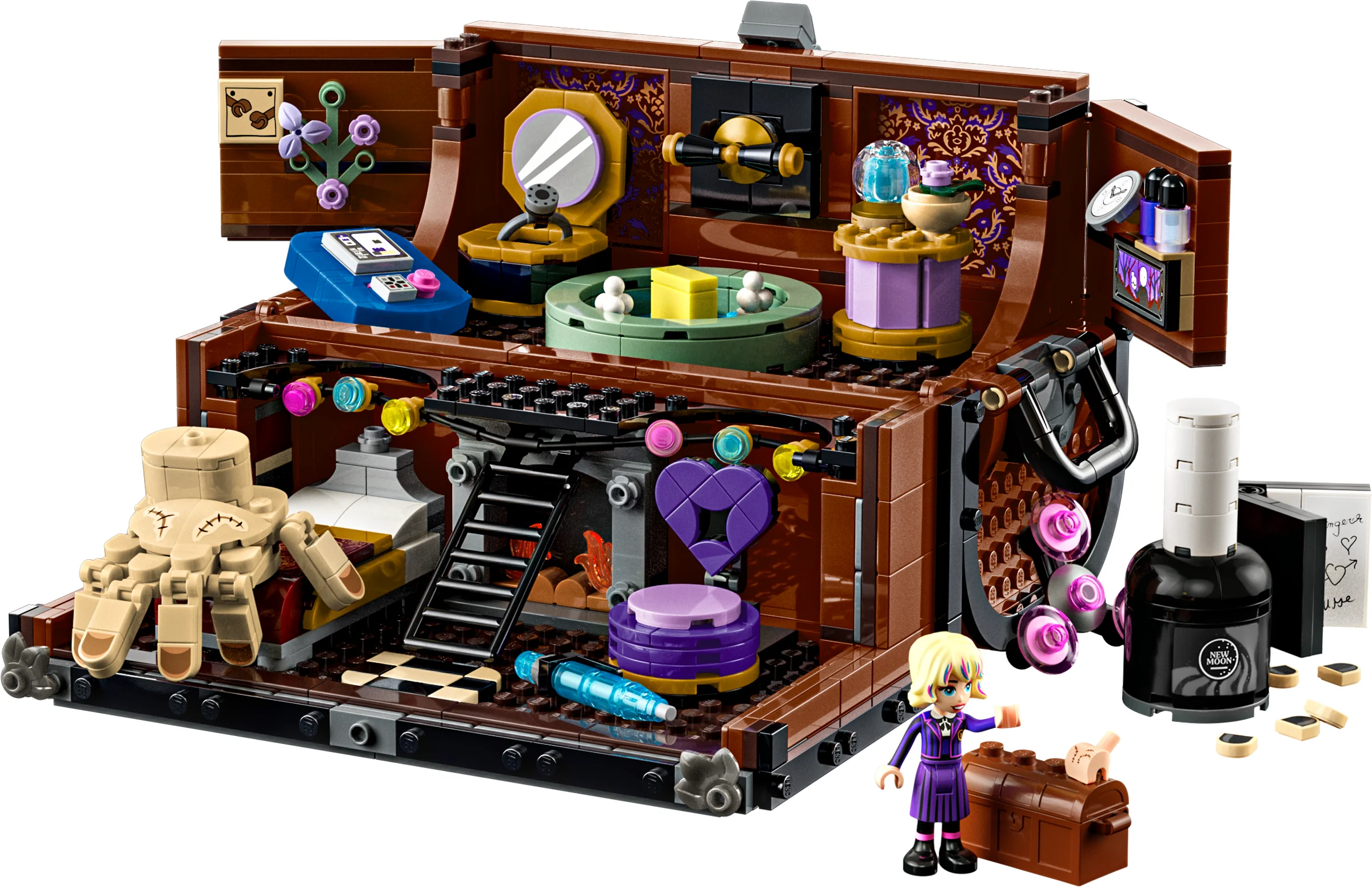Imagine detaliată cu apartamentul Thing din LEGO Wednesday, complet cu accesorii și minifigurine.