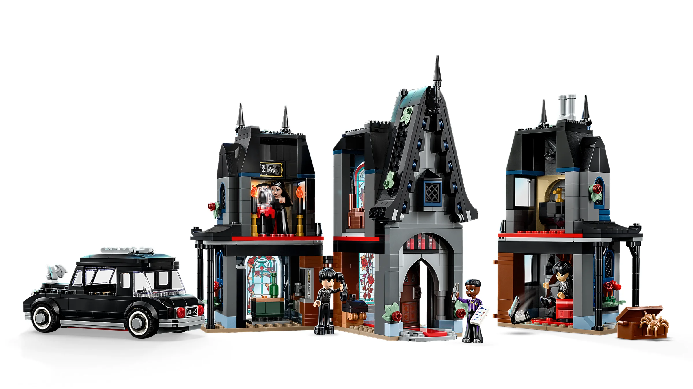 Imagine cu căsuța Morticiei din LEGO Wednesday, setul 76786. Arată minifigurinele și detaliile casei.