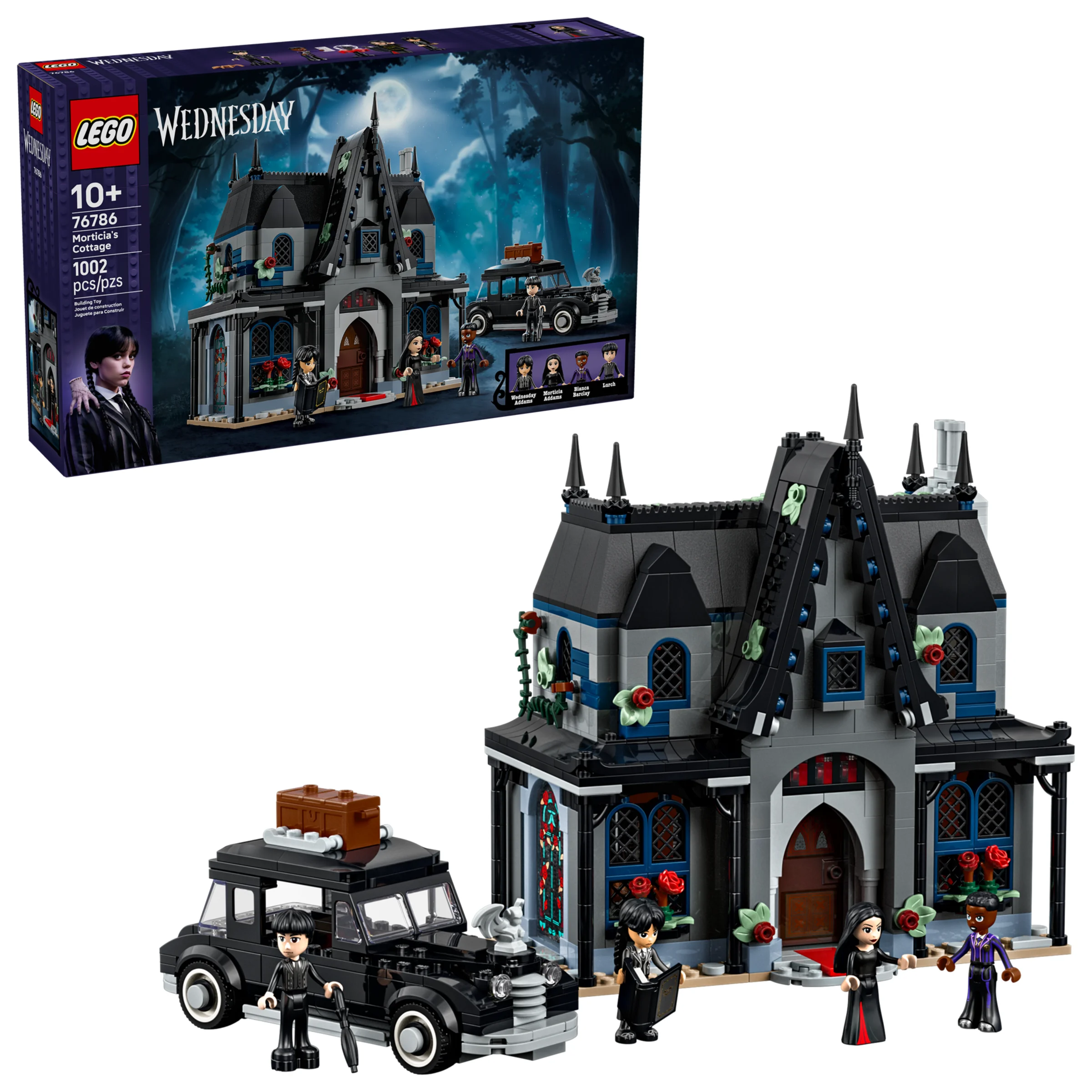Imagine prezintă setul LEGO 76786, Căsuța Morticiei, cu modelul și cutia. Atmosferă gotică, ideală pentru fanii Wednesday.
