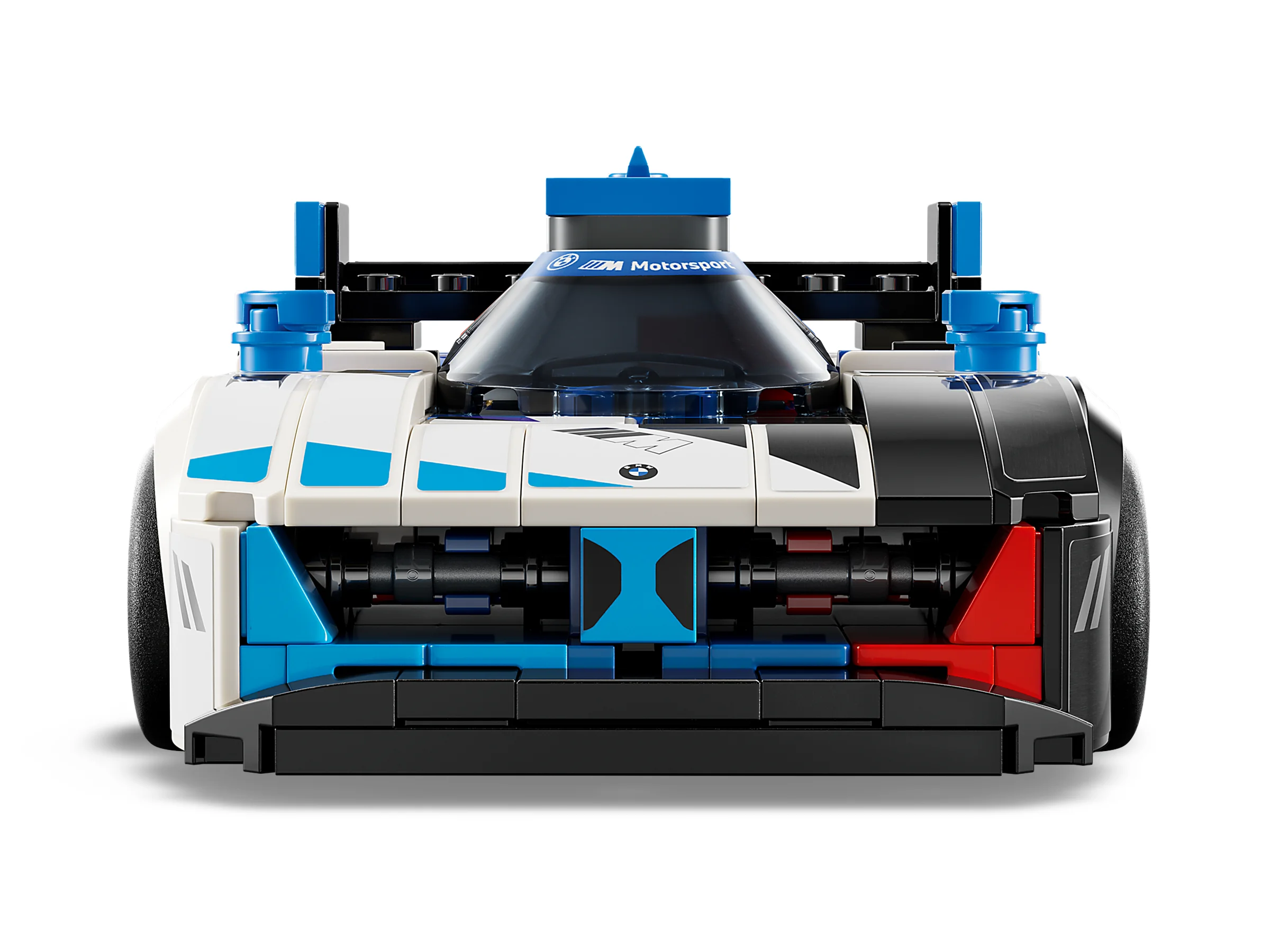 Vedere frontală detaliată a modelului LEGO BMW M Hybrid V8, cu accente albastre și negre.